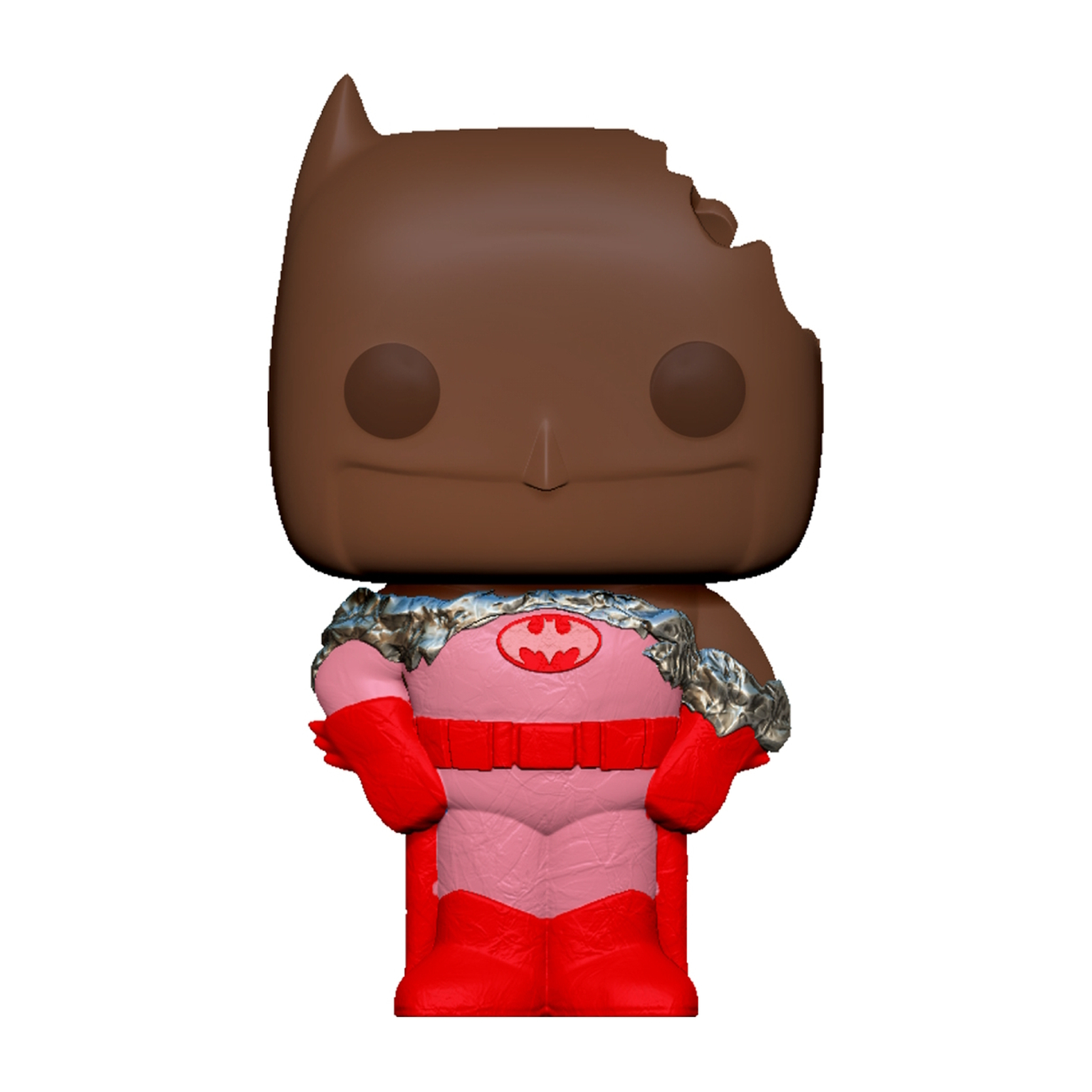 Figura di Batman al cioccolato Funko Pop. La figura ha un morso mancante, abito rosa e guanti rossi.