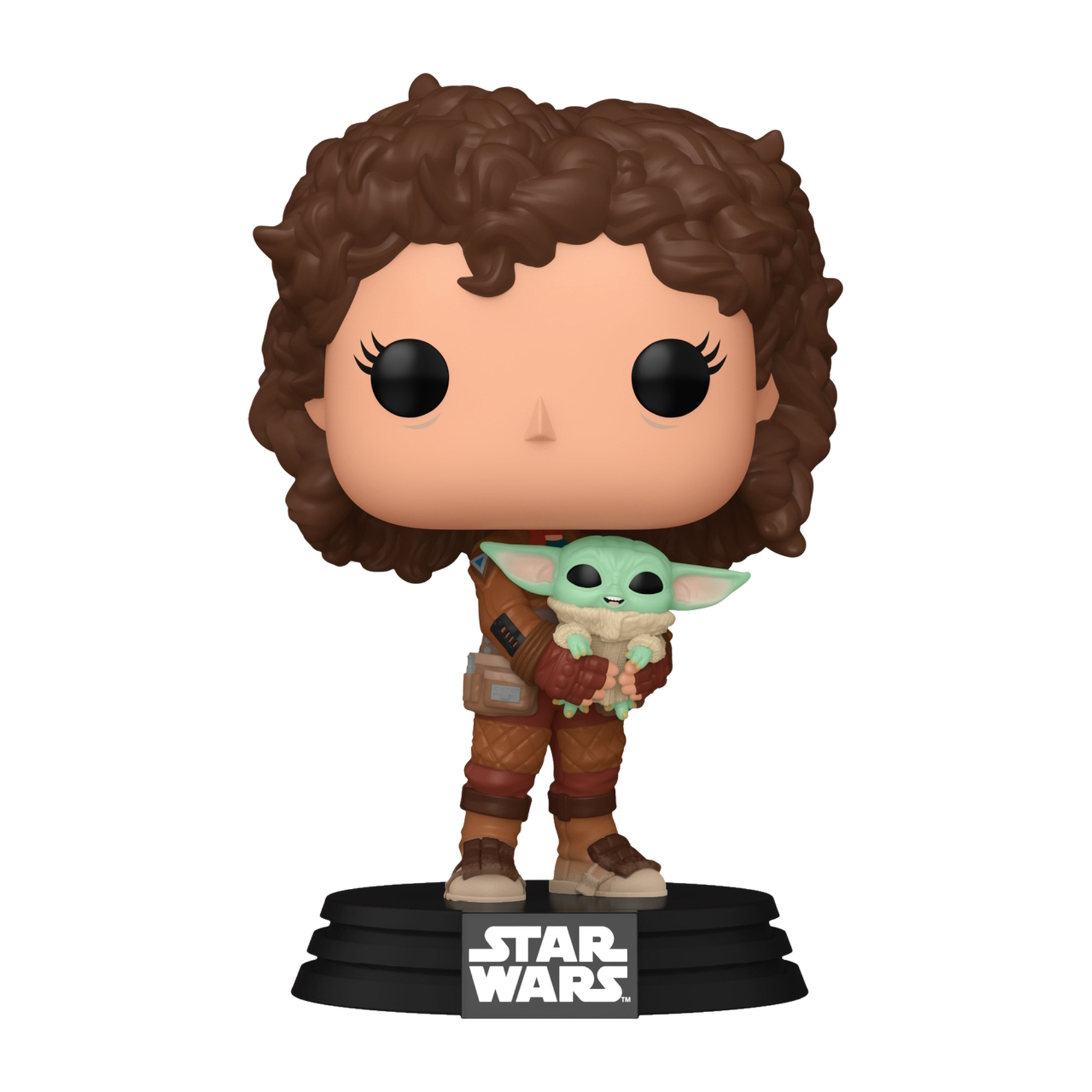 Figura Funko Pop: una donna in abito marrone, che tiene in mano una piccola creatura verde.