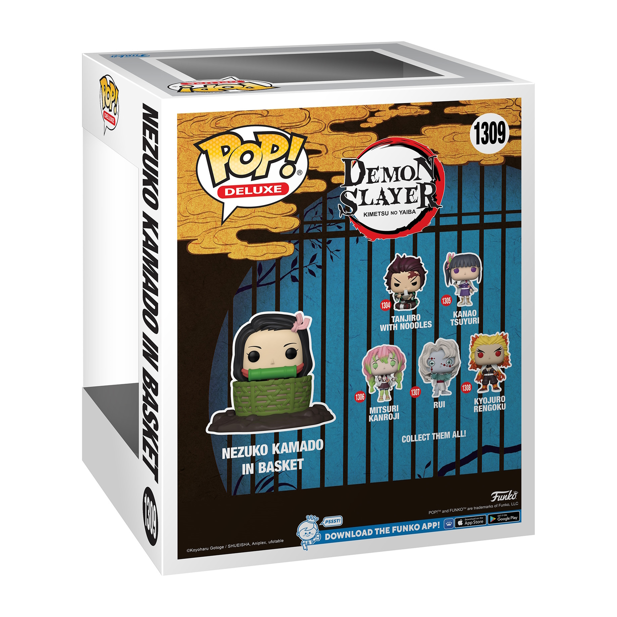 Scatola Funko Pop! di Nezuko Kamado nel cestino. Sfondo bianco. Immagini di altri personaggi.