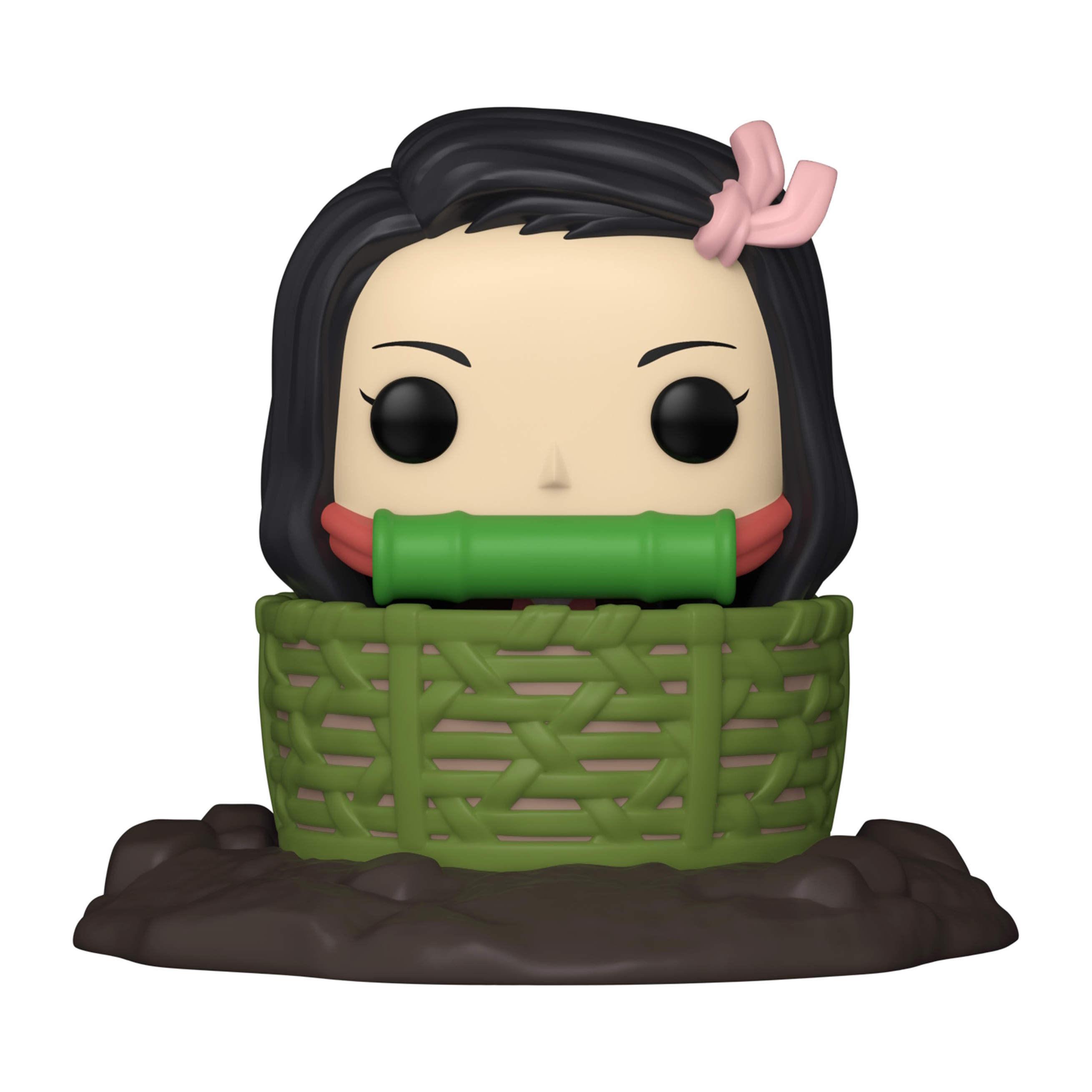 Nezuko da Demon Slayer Funko Pop. Nezuko in un cesto, con museruola di bambù e dettagli rosa.
