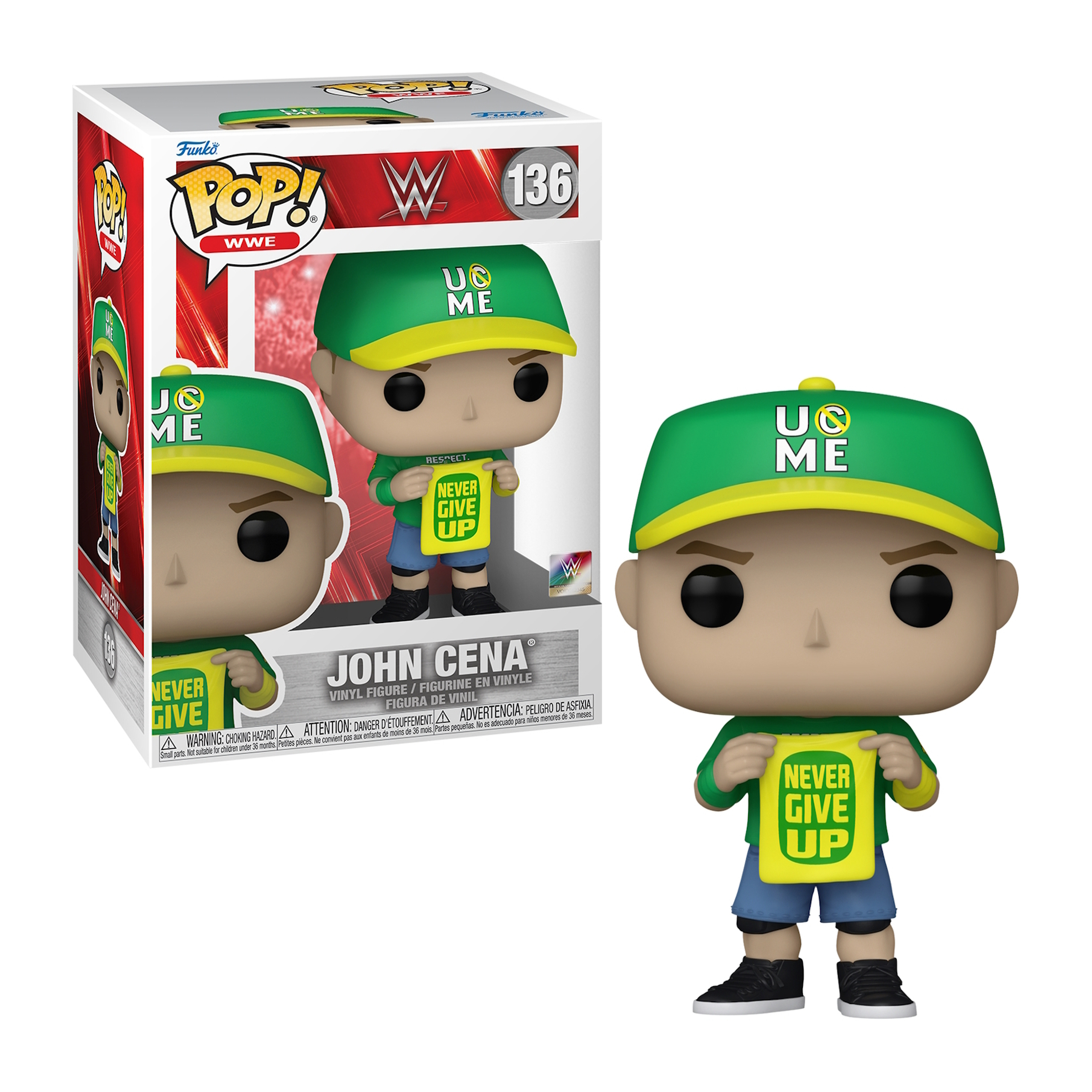 Figurka Funko Pop Johna Ceny. Trzyma znak z napisem 'Never Give Up'. Nosi zielony kapelusz i koszulkę WWE.