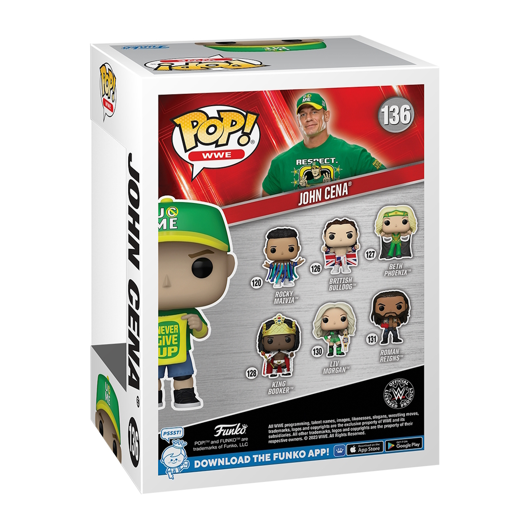 Pudełko Funko Pop John Cena WWE. Z przodu widać Cenę. Tył zawiera inne figurki WWE.