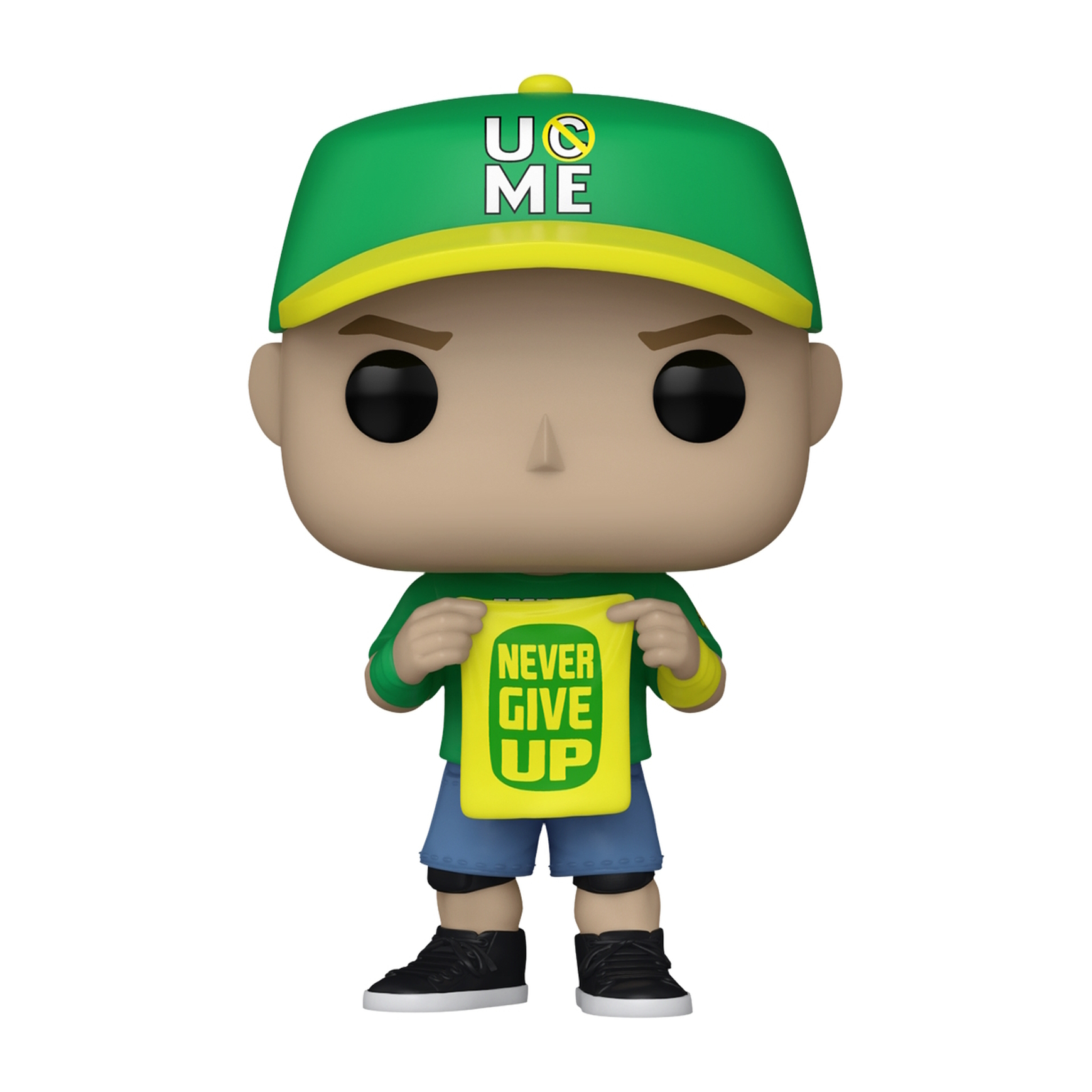 Figurka Funko Pop Johna Ceny. Zielona czapka i koszula, trzymająca znak.