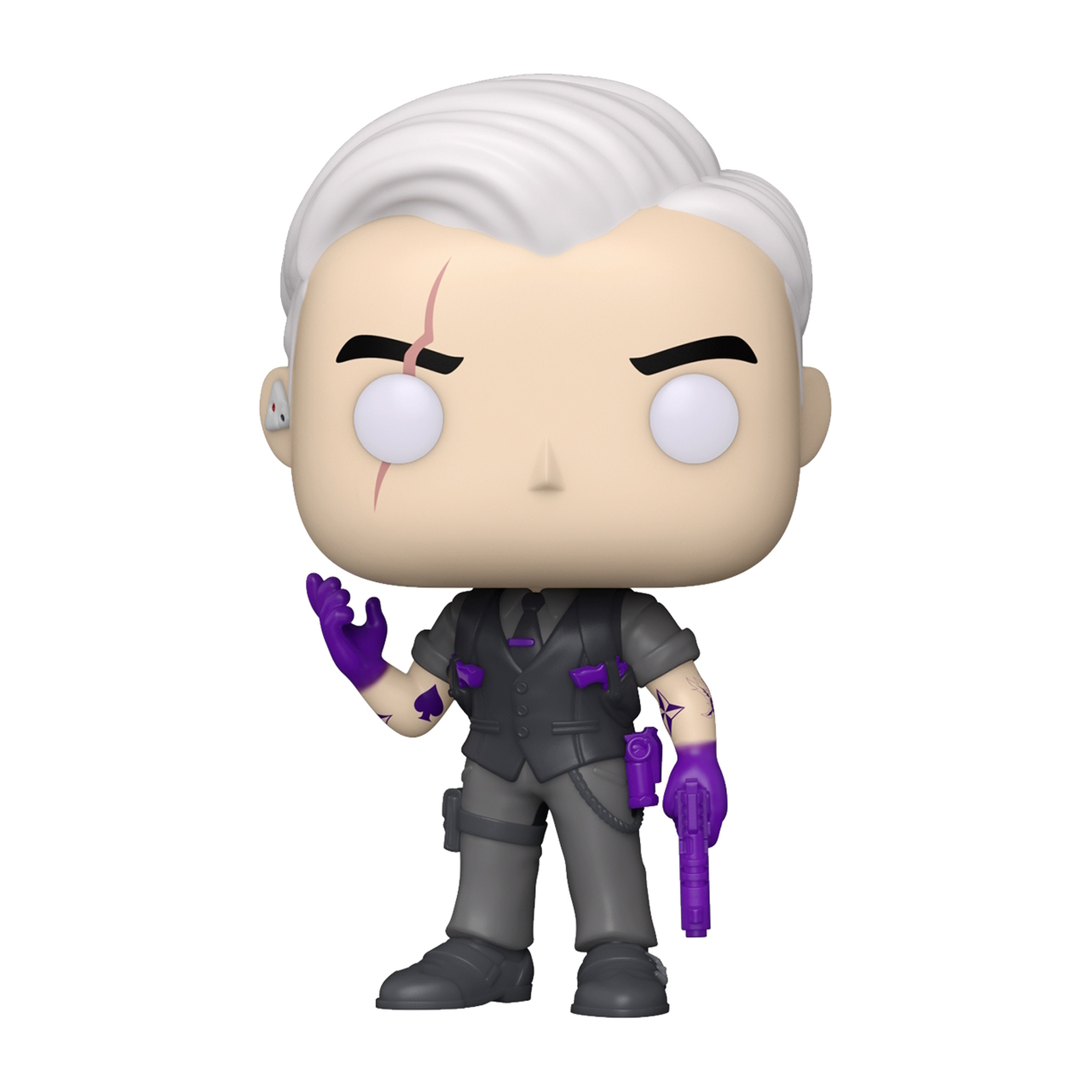 Funko Pop Figur eines männlichen Charakters mit weißem Haar, einer Narbe und lila Handschuhen, die eine lila Pistole halten.