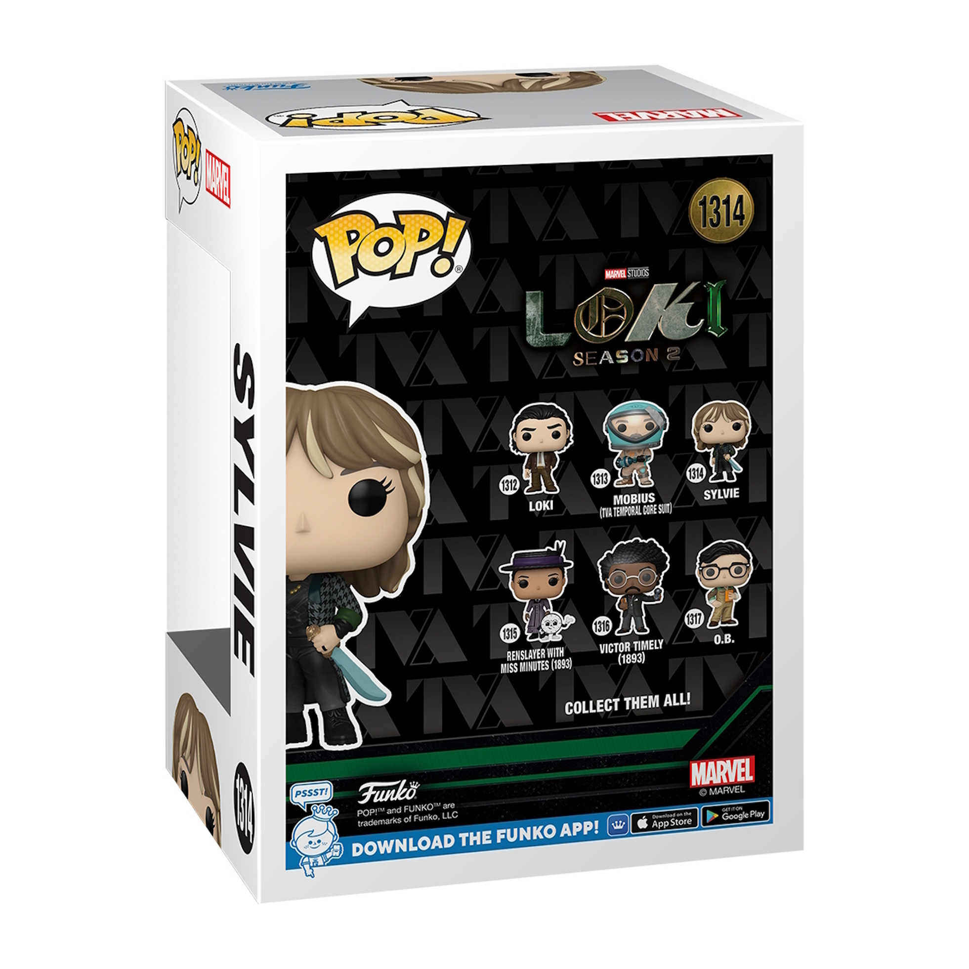 Una scatola Funko Pop di Loki Stagione 2 con Sylvie. La scatola mostra altri personaggi di Loki.