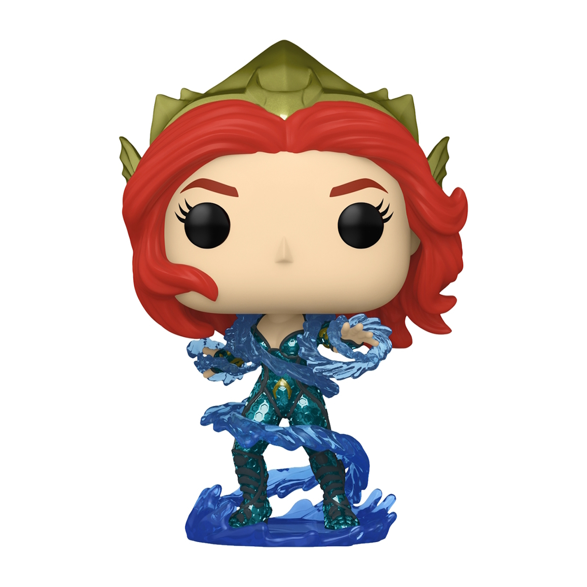 Eine Funko Pop Figur von Mera, mit rotem Haar und grüner Krone, stehend auf blauem Wasser.