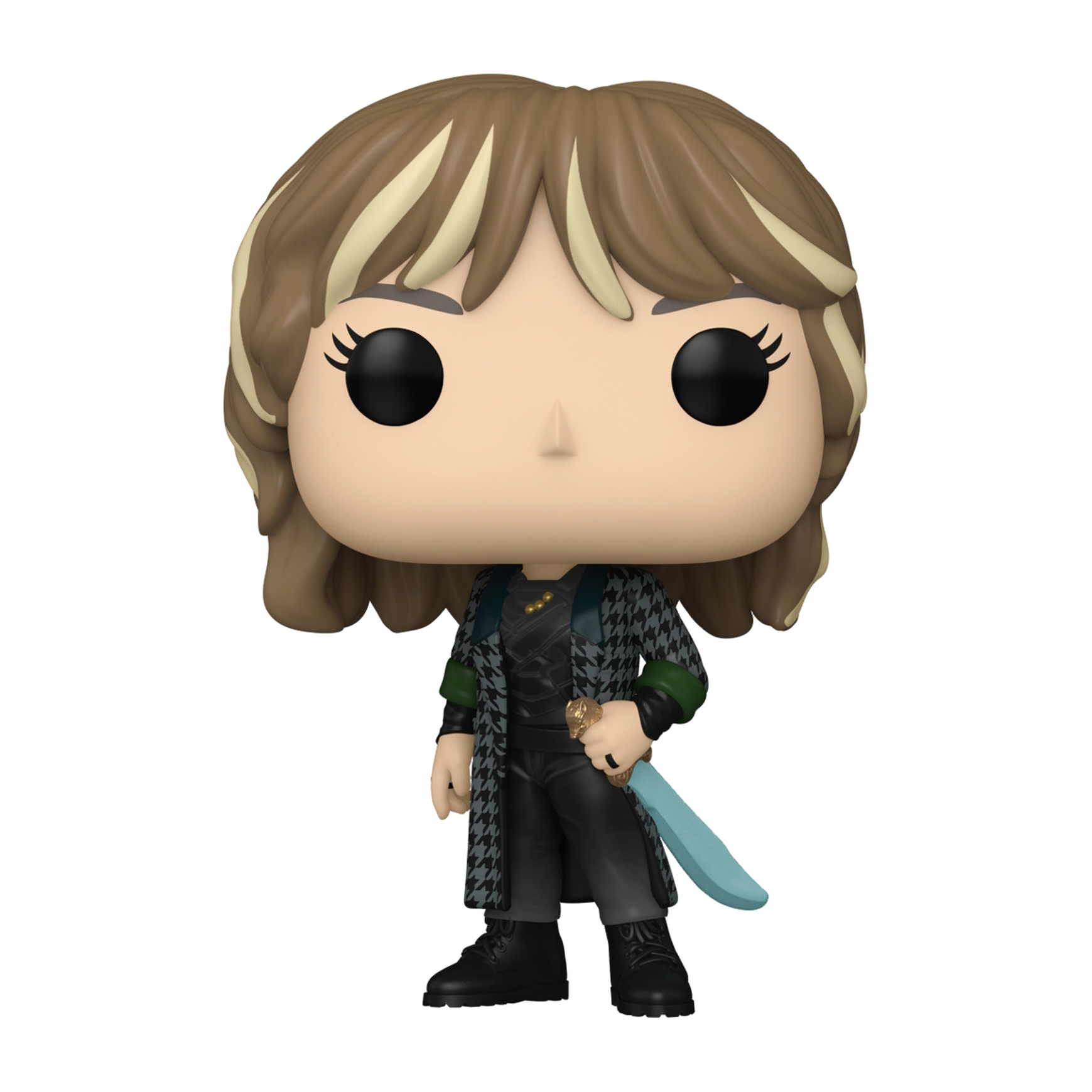 Una figura Funko Pop di una donna con un cappotto lungo che tiene un coltello.