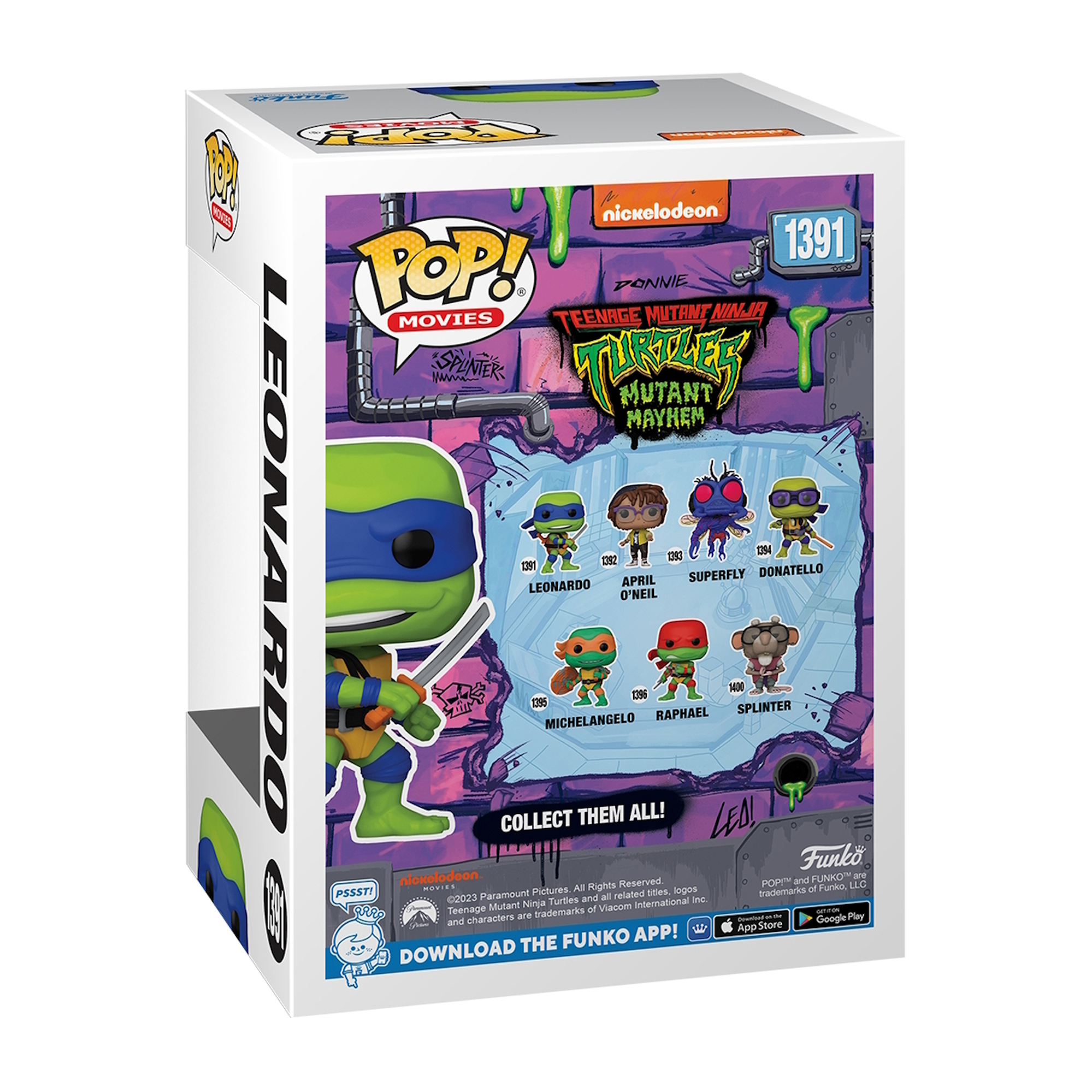 Scatola Funko Pop, tema Tartarughe Ninja, con Leonardo, personaggi dei cartoni animati e loghi.