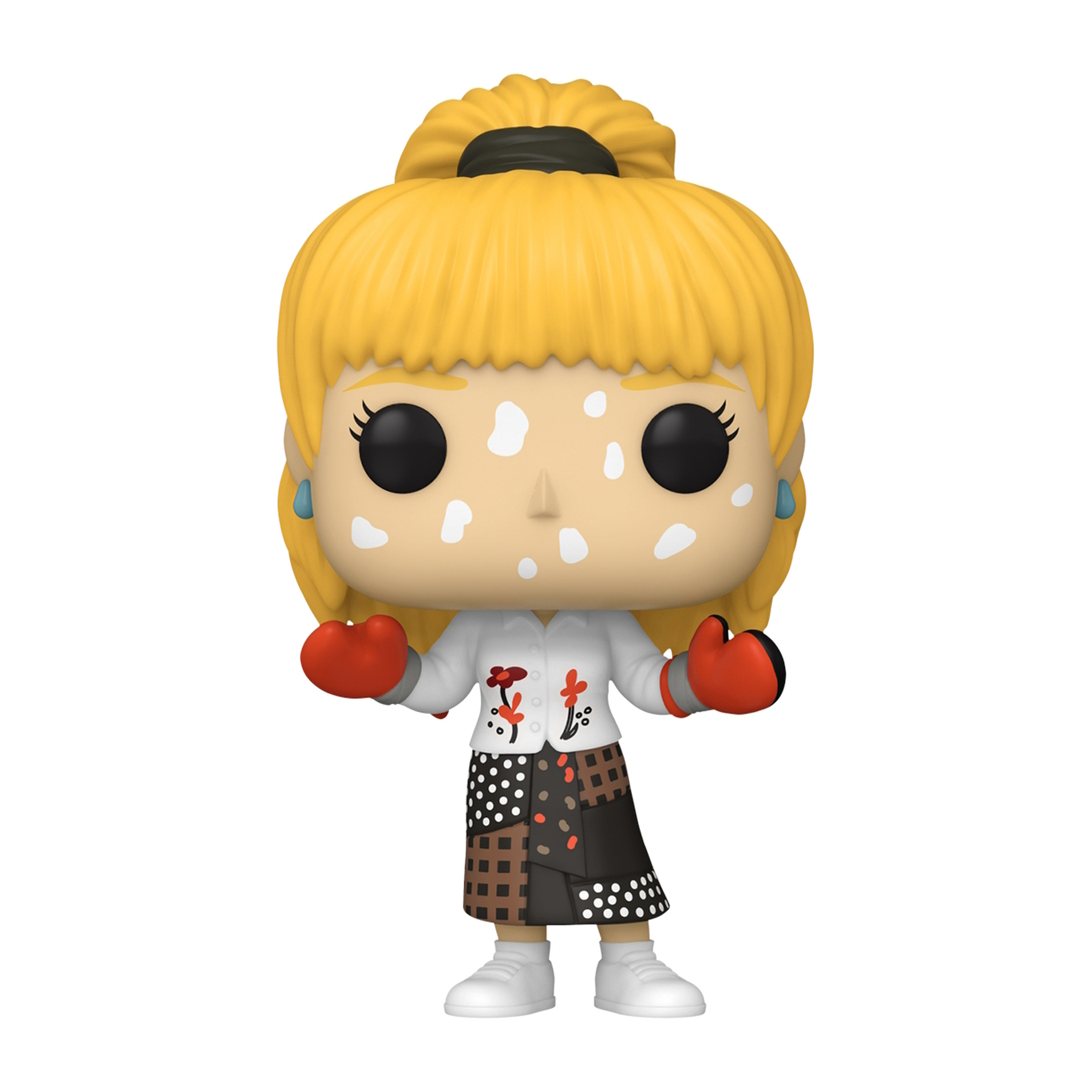 Funko Pop figure. Una donna con capelli biondi, macchie bianche sul viso, guanti rossi, gonna.