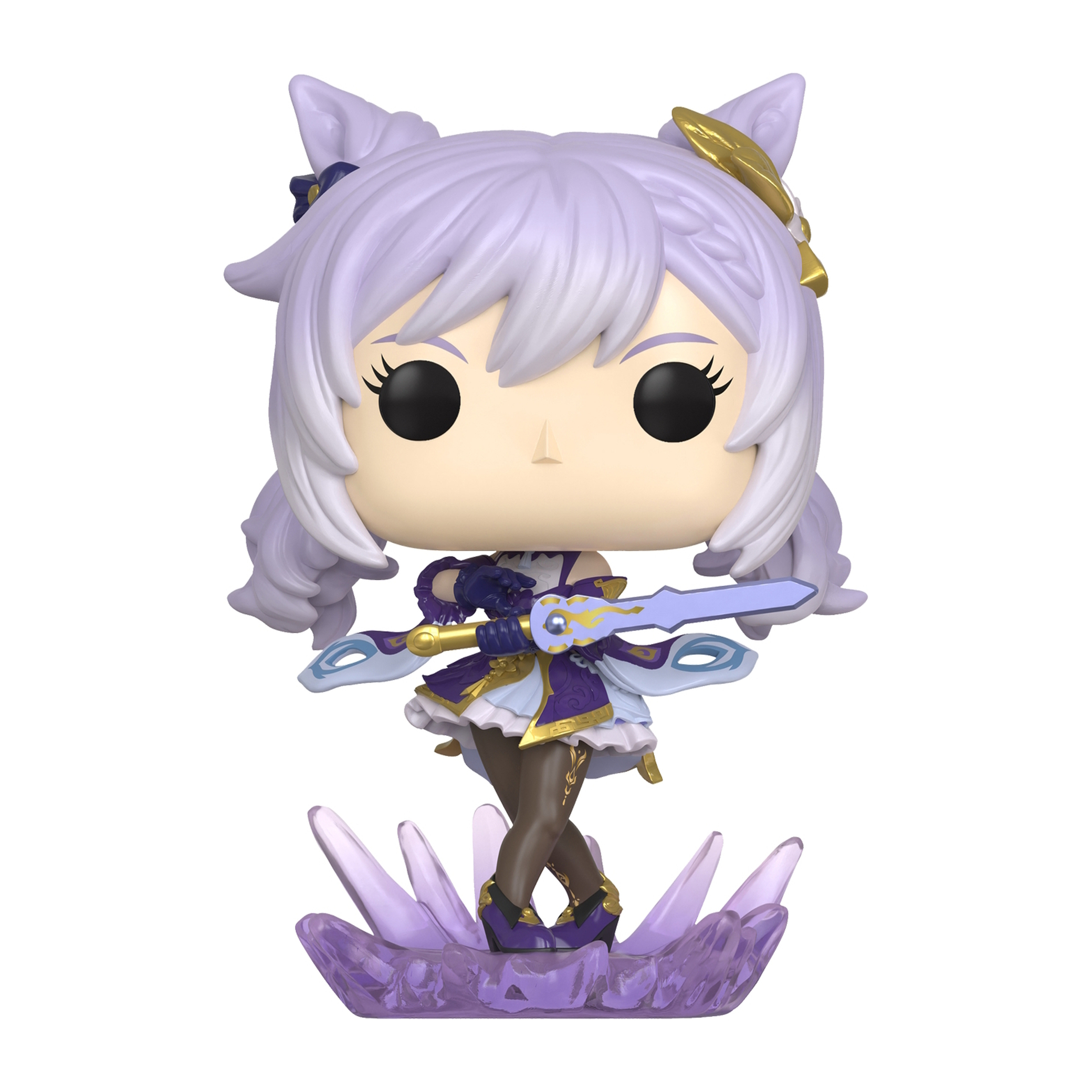 Figura Funko Pop di Keqing con capelli e abito viola. È in piedi su una base di cristallo viola.