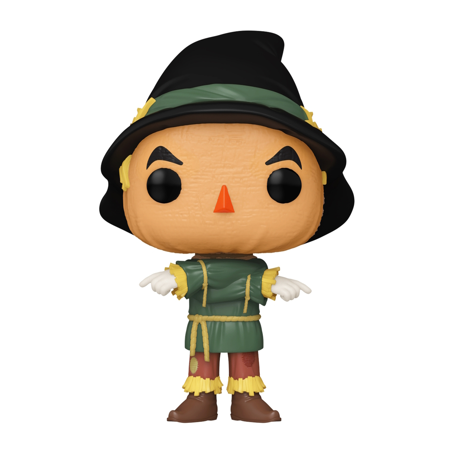 Figura Funko Pop di Spaventapasseri in abito verde e cappello nero. Naso arancione, dettagli gialli e stivali marroni.