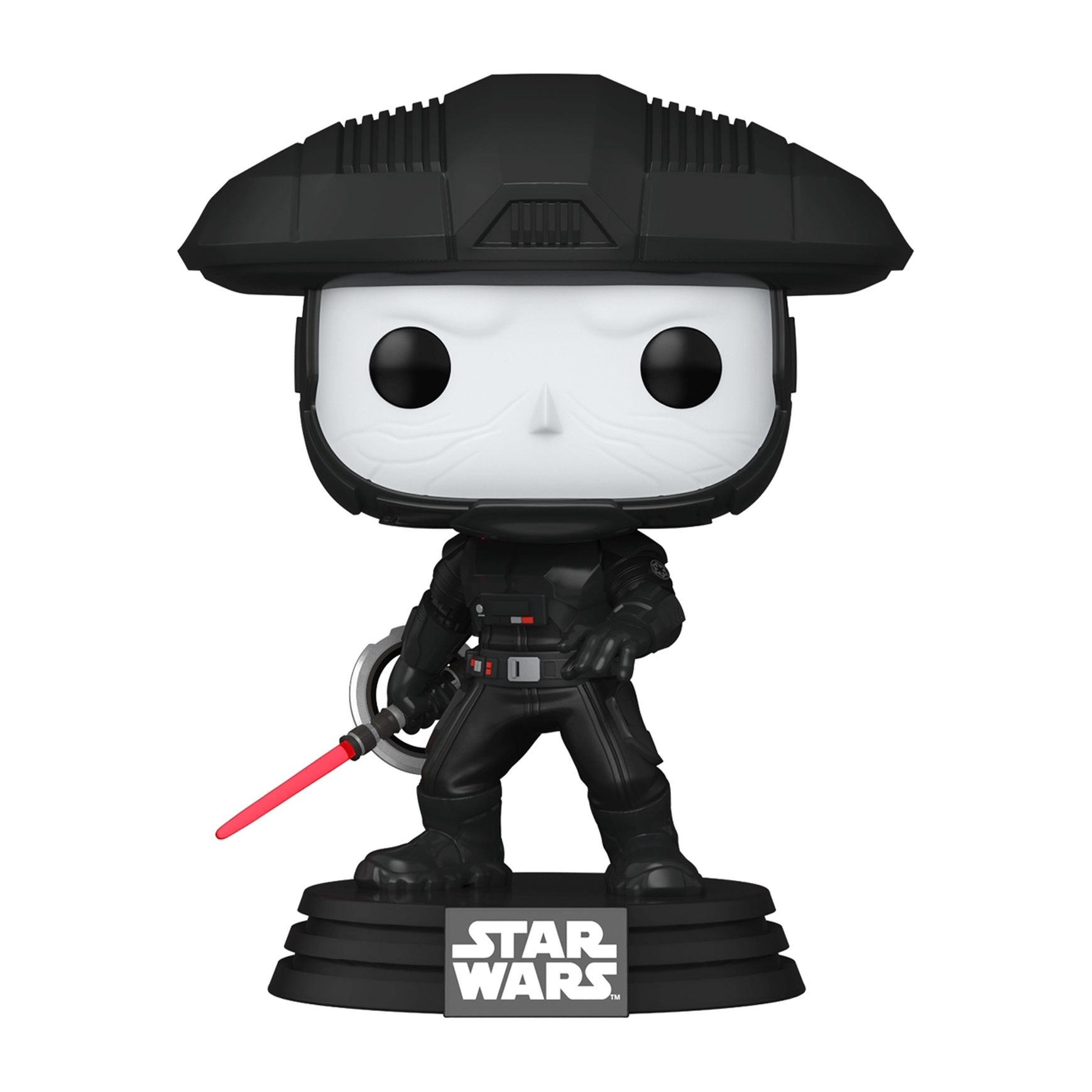 Figura negra de personaje de Star Wars con sable de luz rojo sobre base negra, fondo blanco.