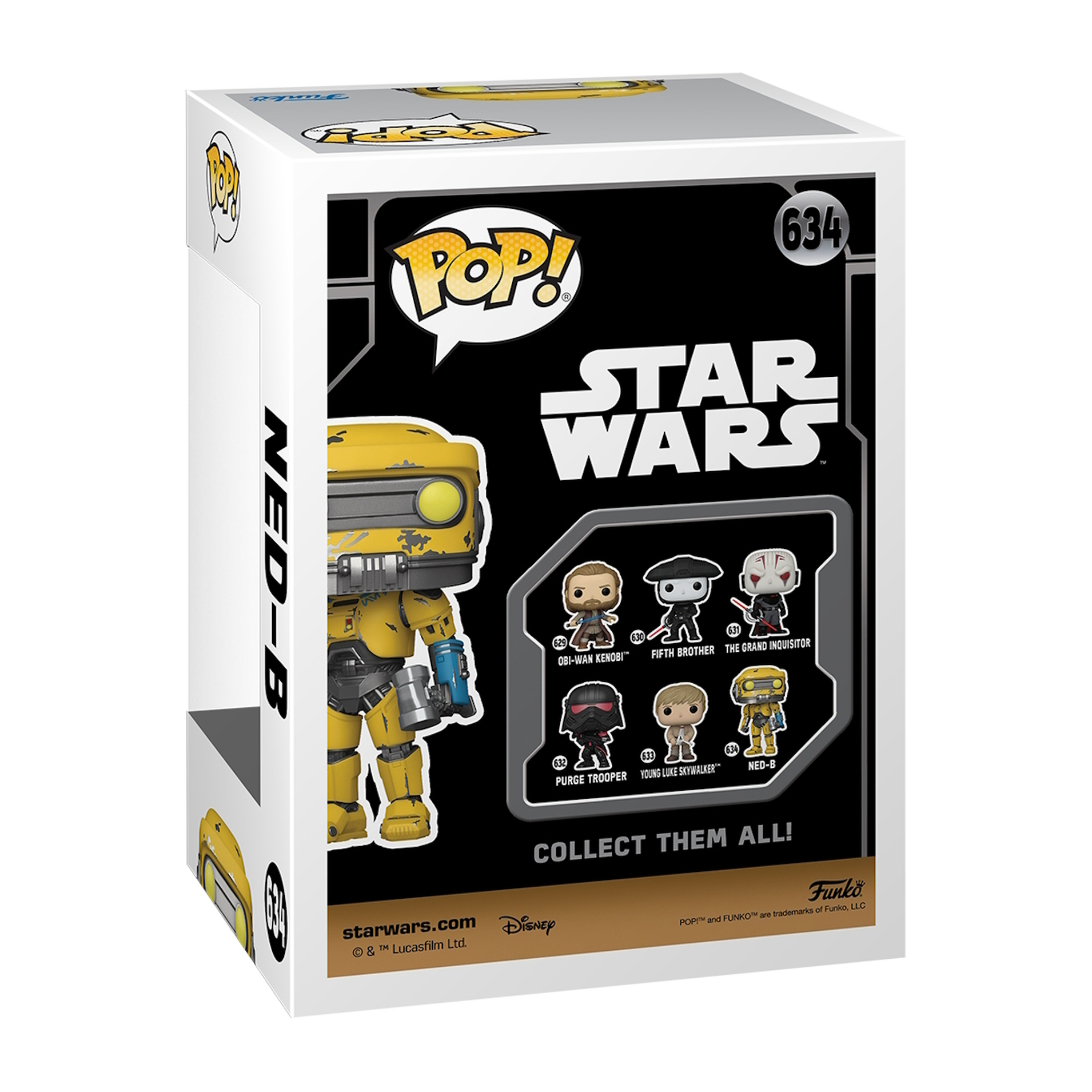 Caja Funko Pop de Star Wars. Muestra varias figuras de Star Wars, con una figura amarilla en el lateral.