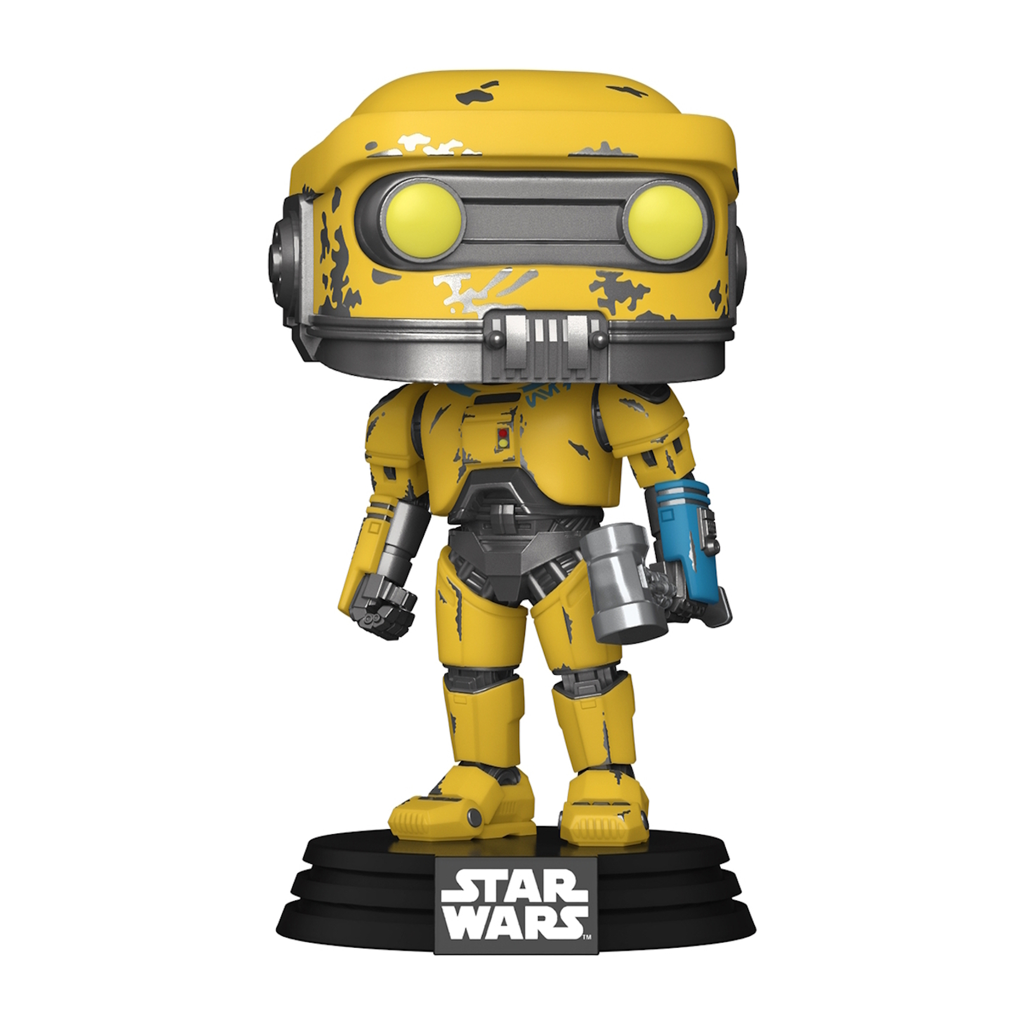 Figura Funko Pop de robot amarillo. Detalles grises, sosteniendo un objeto plateado. Base negra.