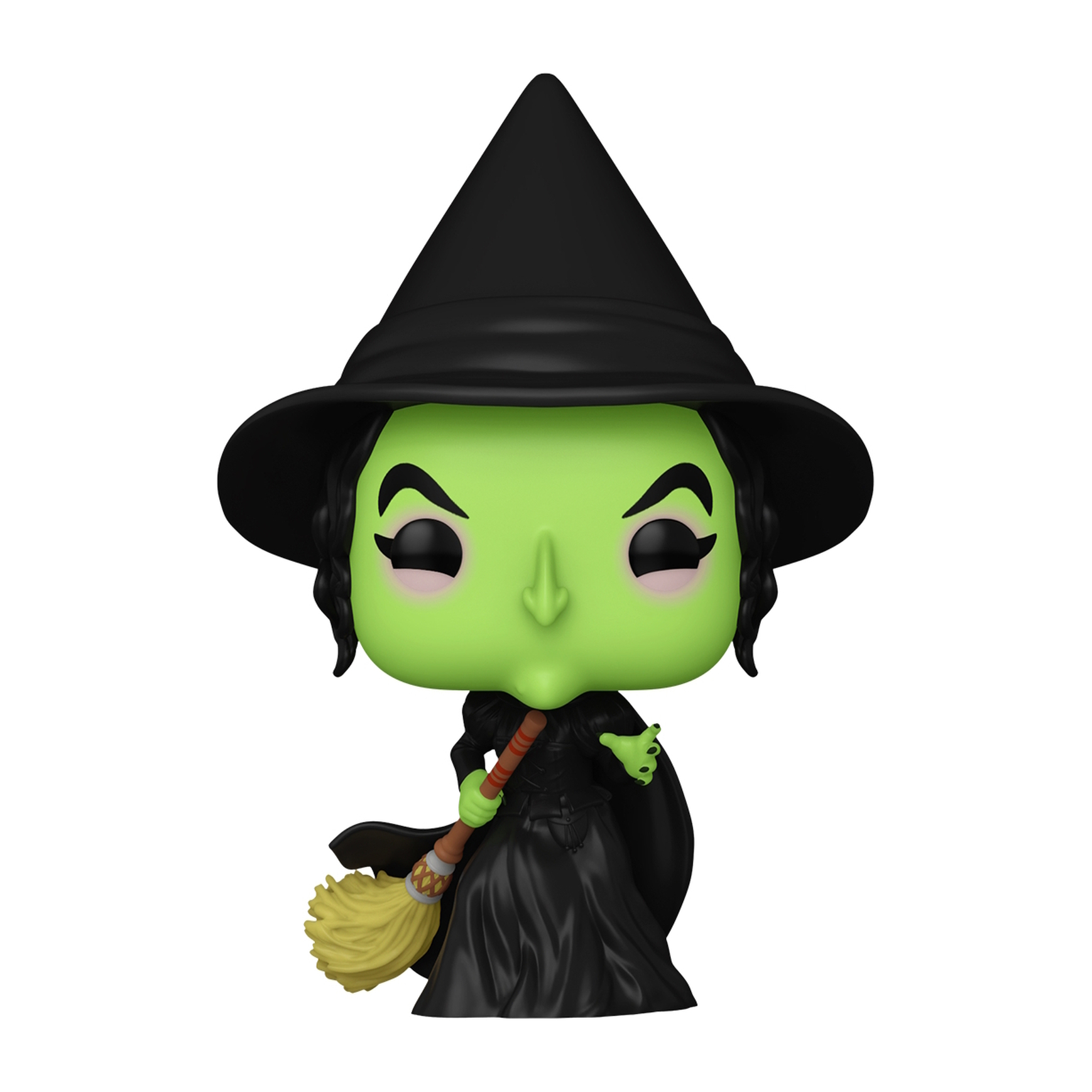 Una figura di strega dalla pelle verde e cappello nero, con una scopa.