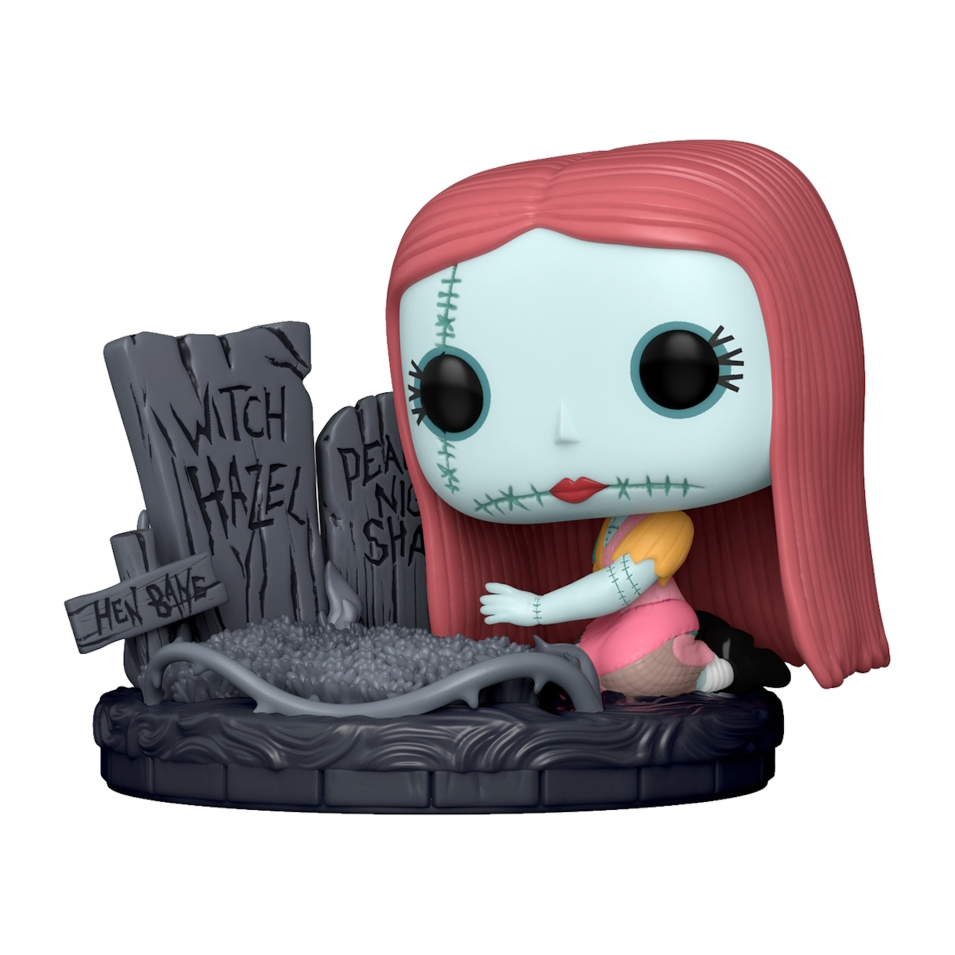 Figura Funko Pop de Sally de The Nightmare Before Christmas. Apoyada en una lápida.