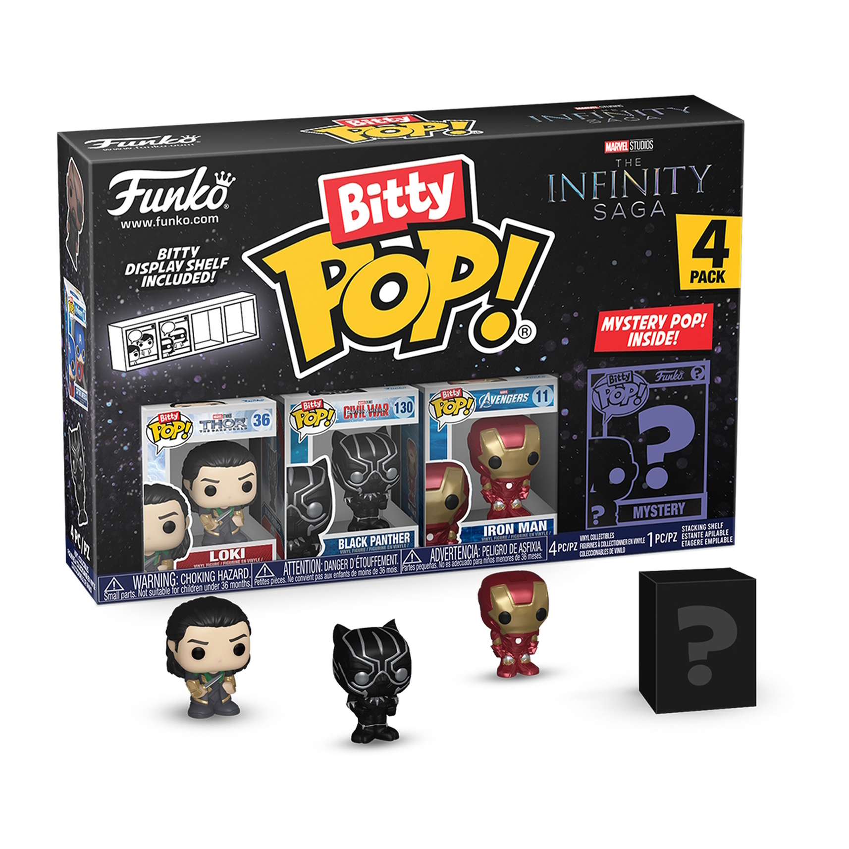Set scatola Funko Pop! con personaggi Bitty Pop! Marvel: Loki, Black Panther, Iron Man.