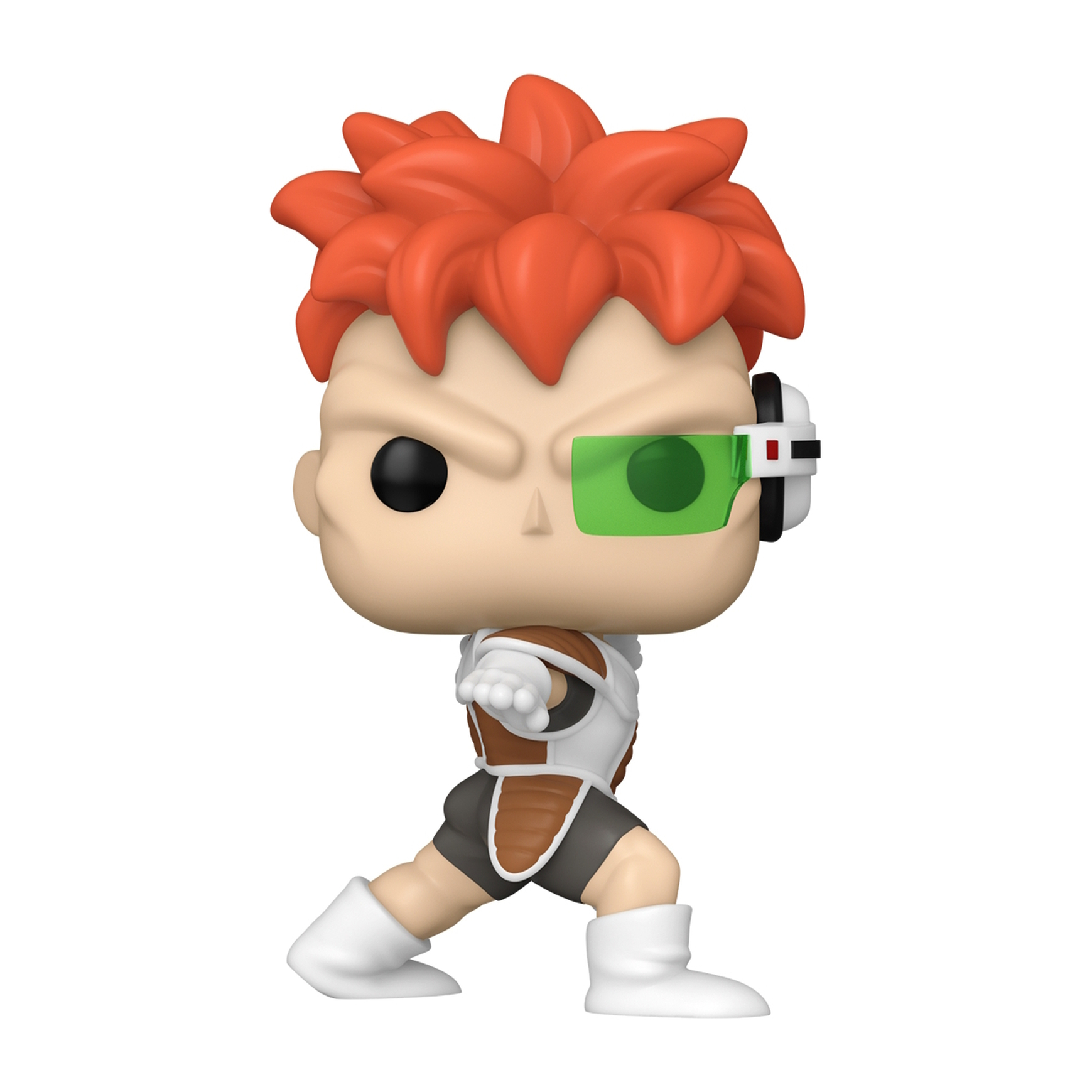 Funko Pop Figur eines Saiyajin-Charakters mit roten Haaren und grünem Visier.
