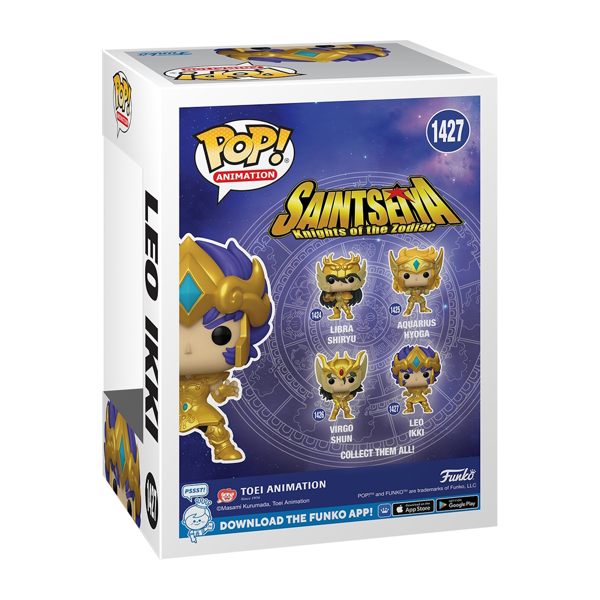 Scatola Funko Pop. Tema Saint Seiya: Cavalieri dello Zodiaco con personaggi mostrati. Bianco.