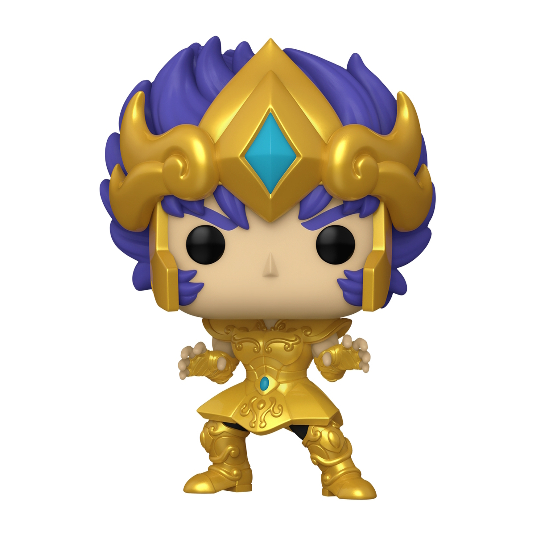 Una figura Funko Pop di un personaggio in armatura dorata con capelli blu e una corona d'oro.