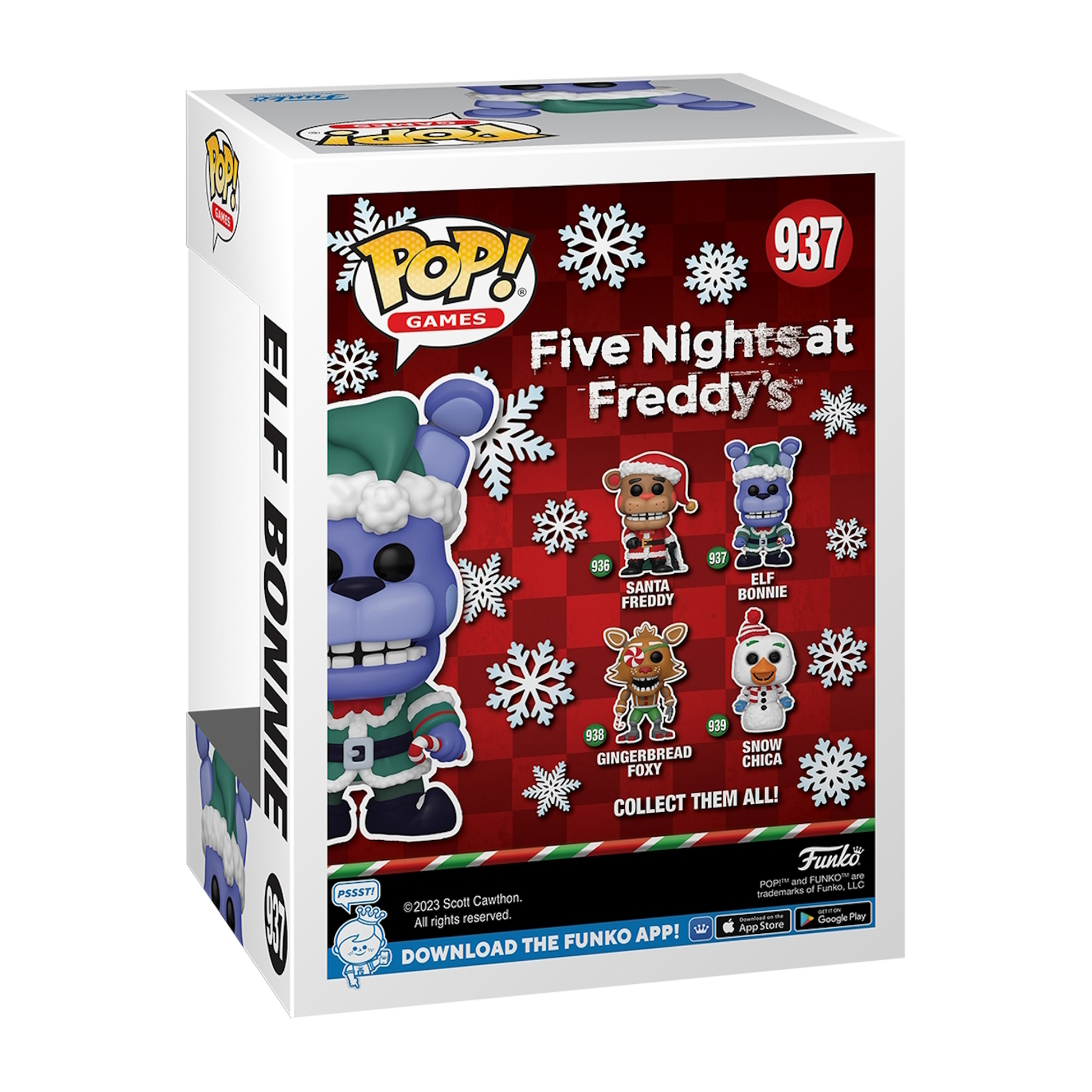 Caja Funko Pop. Elf Bonnie de Five Nights at Freddy's. Tema navideño con copos de nieve y personajes.