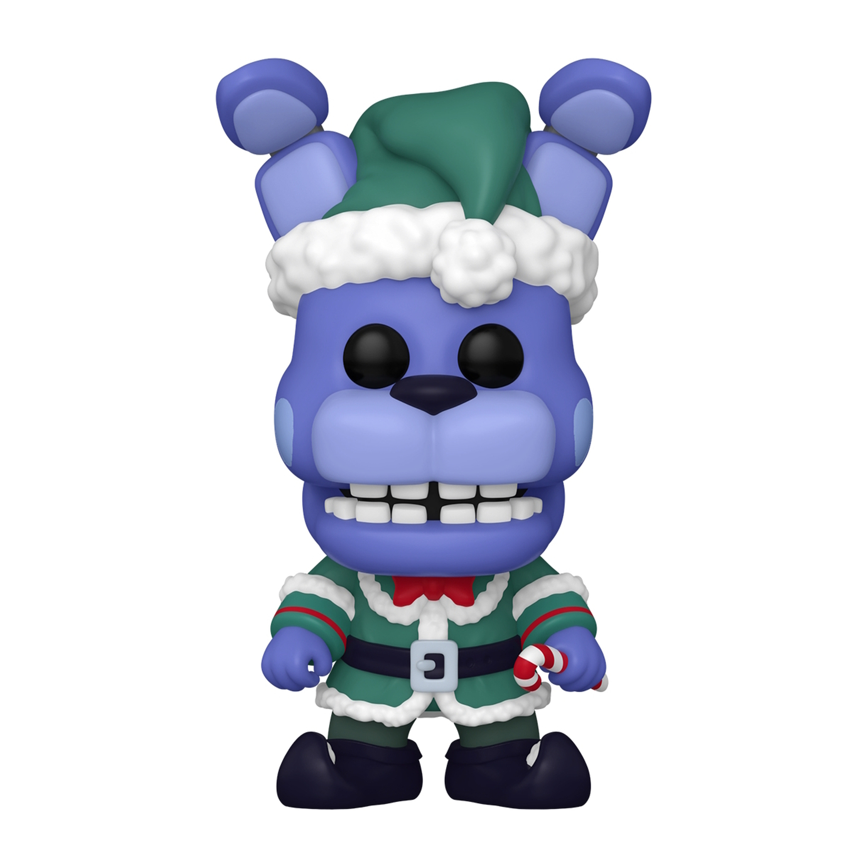 Personaje de dibujos animados azul con atuendo de elfo navideño y bastón de caramelo.