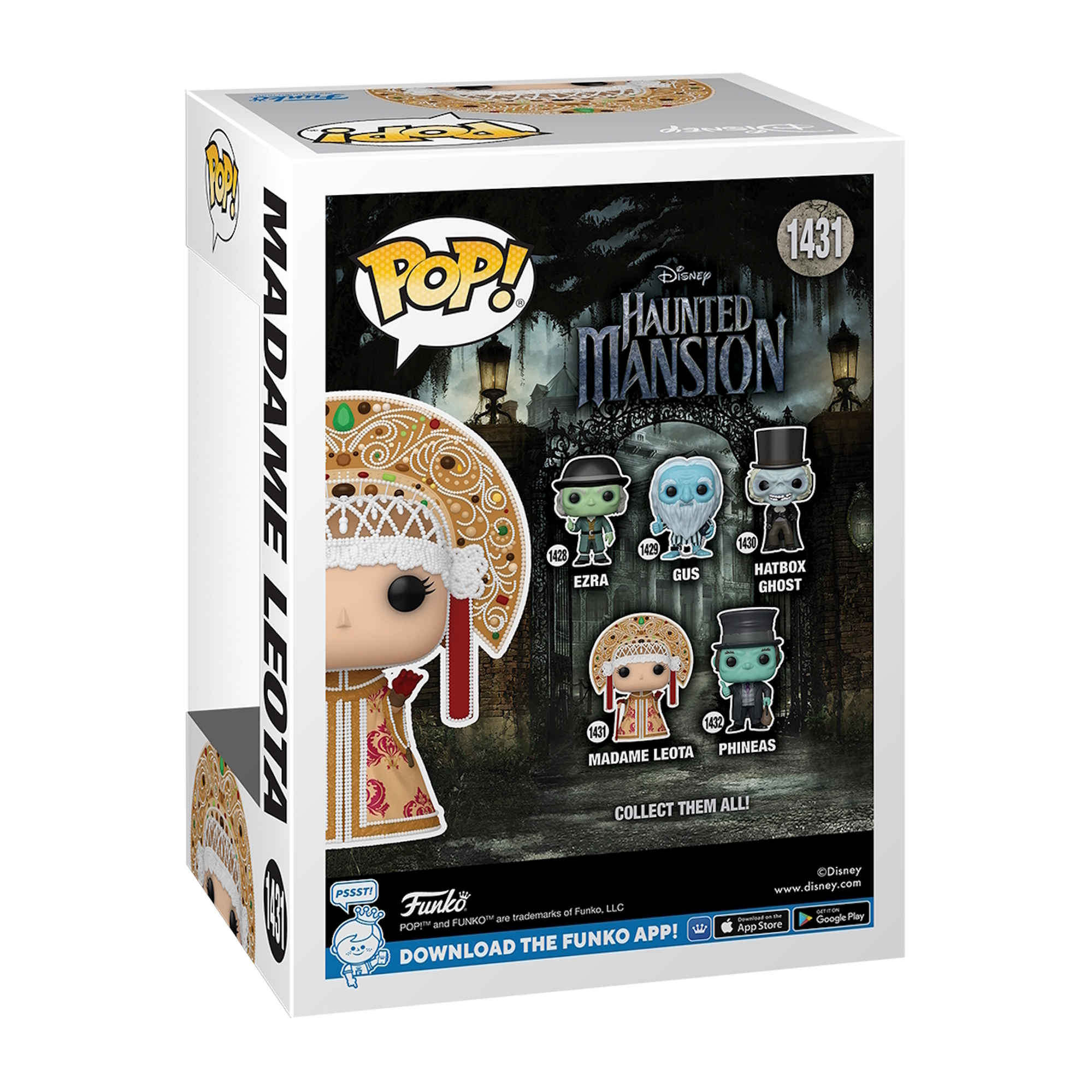 Parte trasera de una caja Funko Pop con figuras de personajes de la película 'Haunted Mansion', Madame Leota.