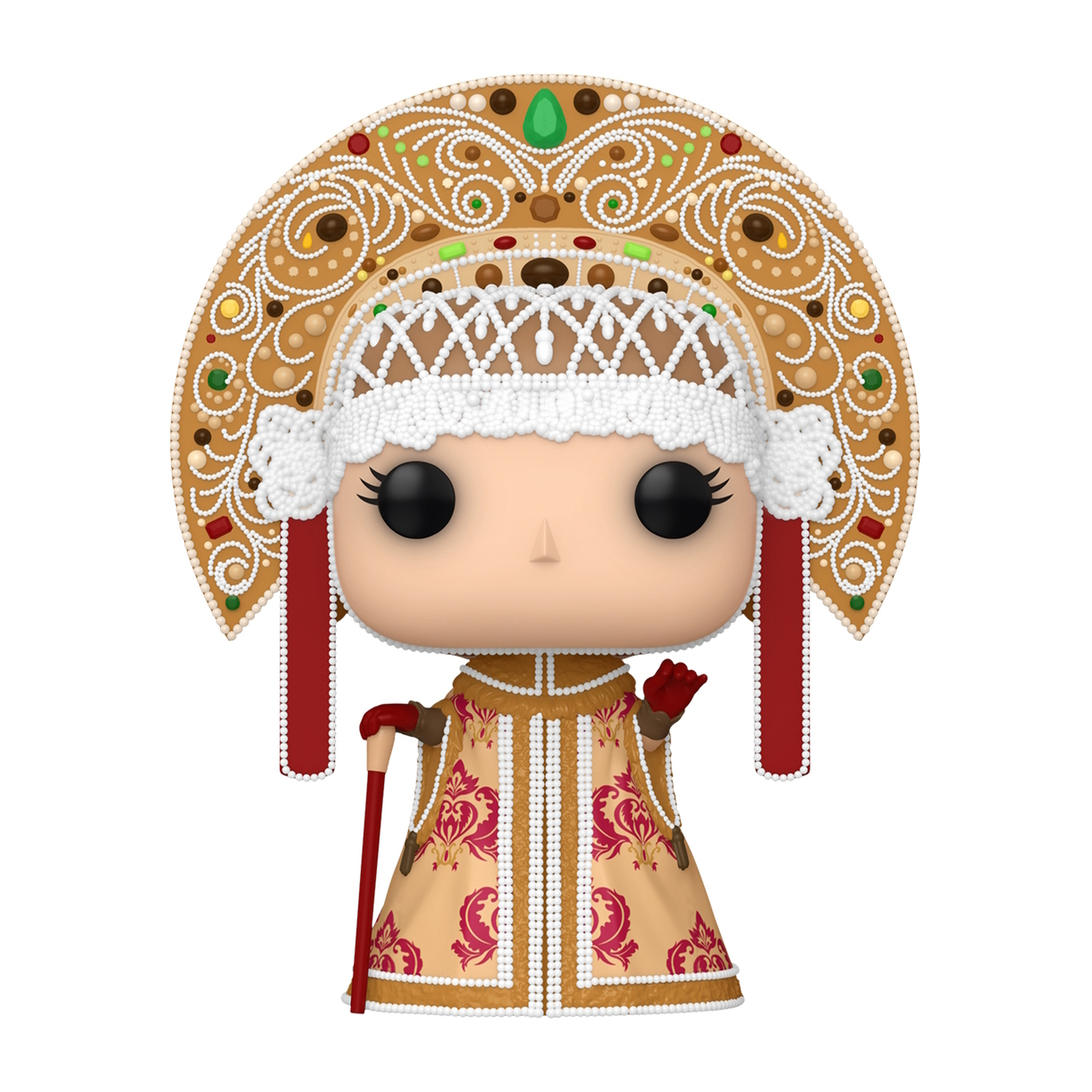 Una figura Funko Pop de una persona con un tocado y vestido decorativos, sosteniendo un bastón.