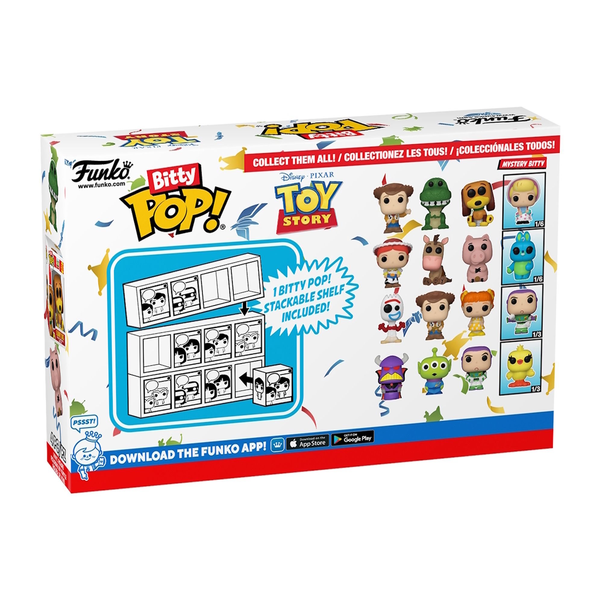 Pudełko Toy Story Funko Pop! z różnymi obrazami postaci. Tekst w wielu językach.