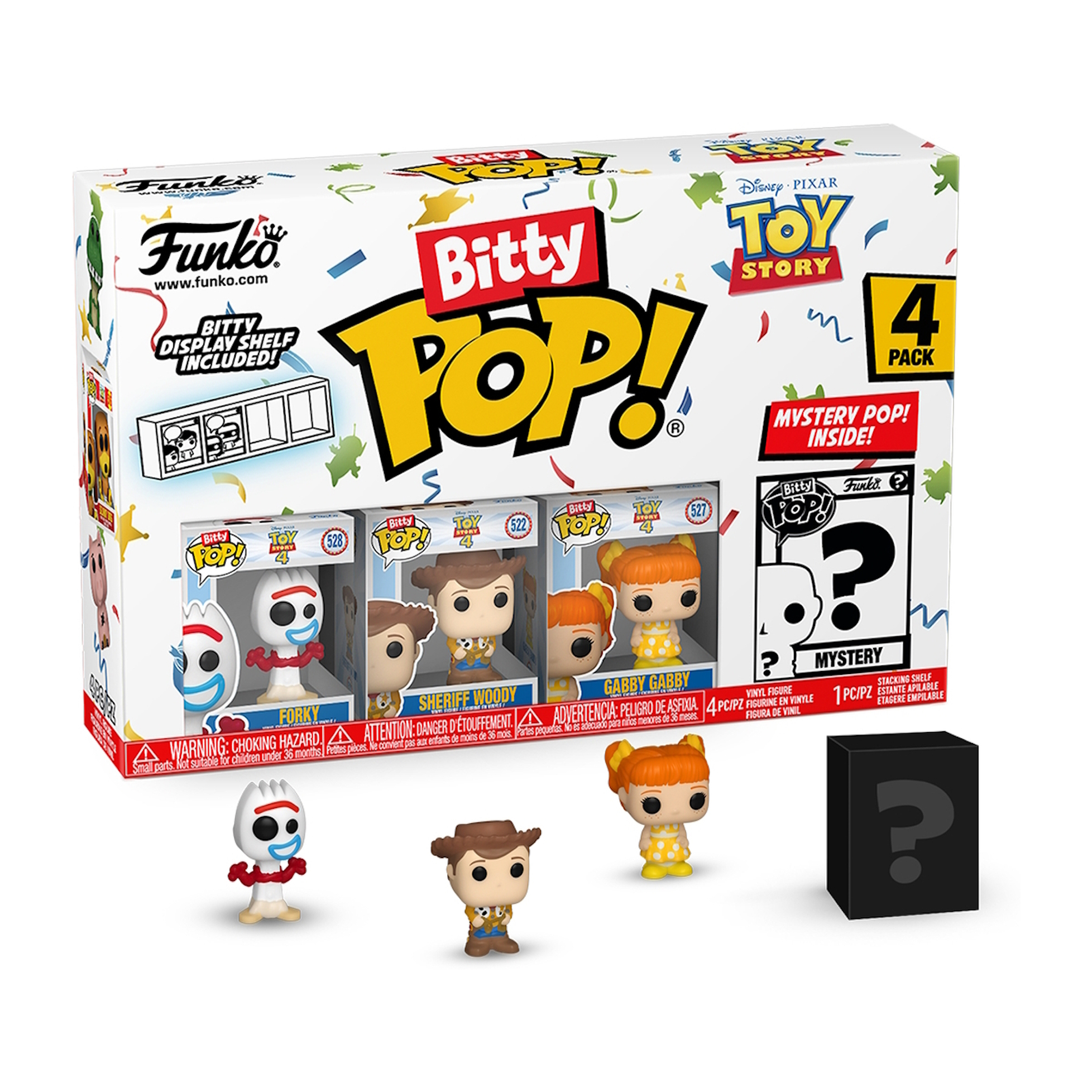Un set di scatole di personaggi Bitty Pop! di Toy Story, tra cui Forky, Woody e Gabby Gabby.