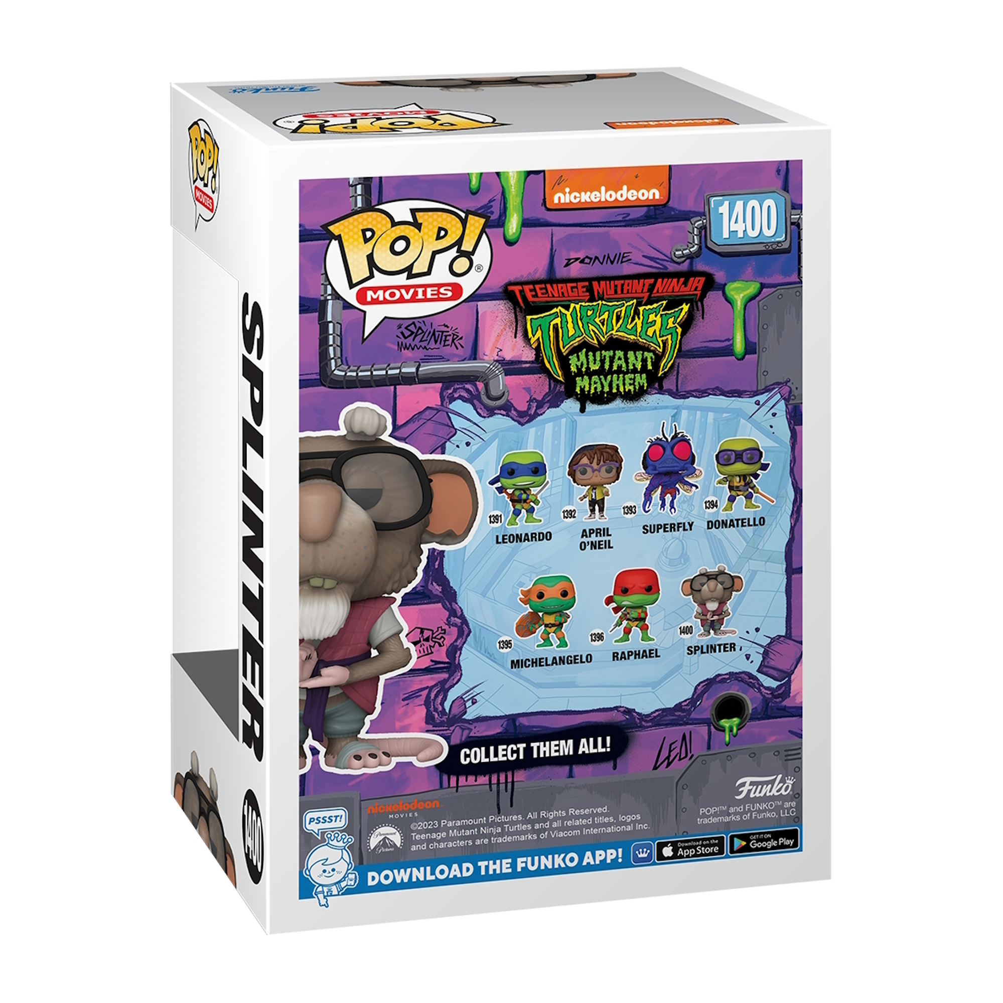 Scatola di personaggi Funko Pop delle Tartarughe Ninja. Con personaggi e logo.