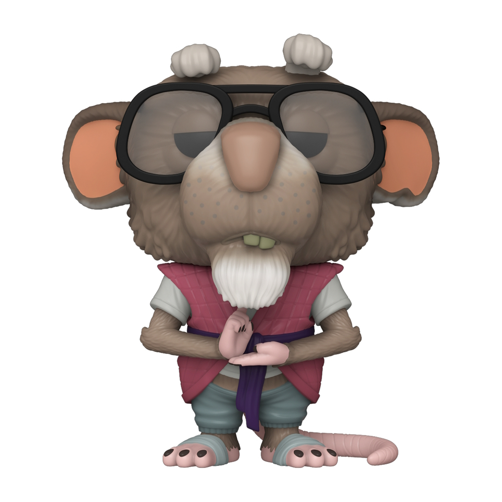 Funko Pop di Splinter delle Tartarughe Ninja con occhiali e mani giunte.