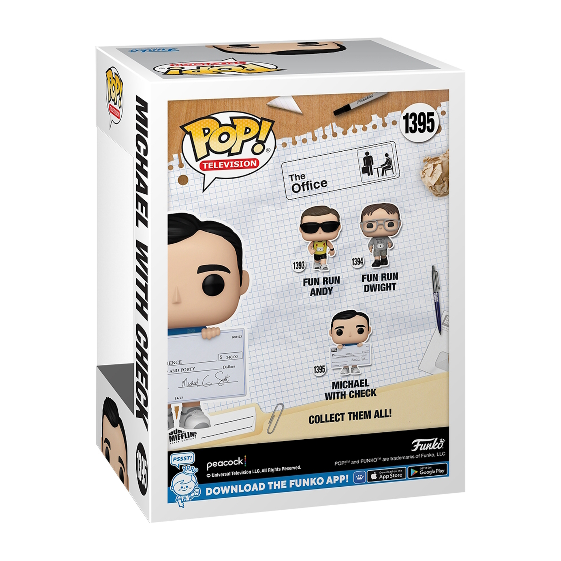 Scatola Funko Pop con tre personaggi. I personaggi di The Office: Michael, Dwight e Andy.