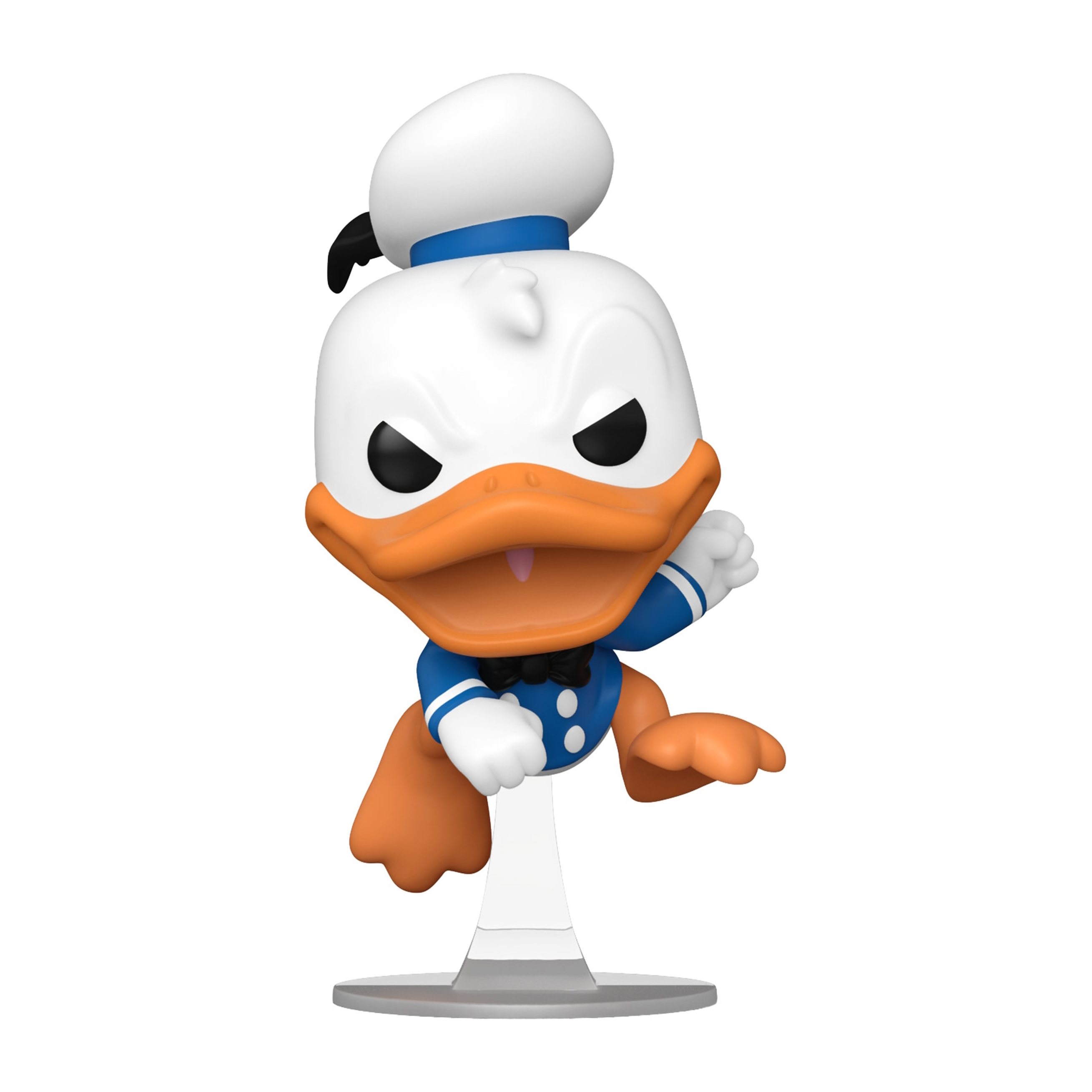 Figura Funko Pop de Pato Donald. Está sobre un soporte, con cara de enfado.