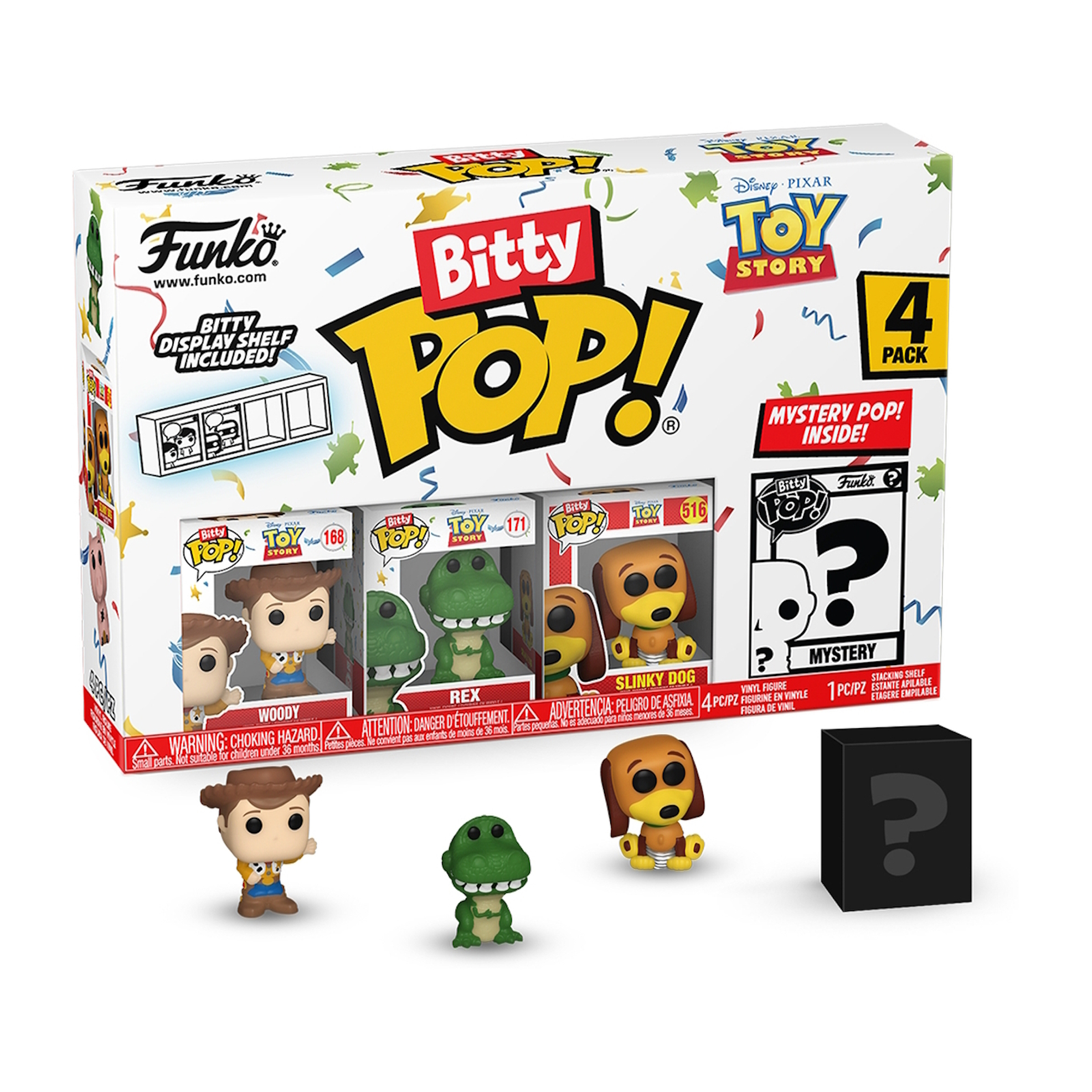 Pudełko Bitty Pop! Toy Story 4-pak. Pokazuje cztery figurki: Woody'ego, Rexa, Slinky Doga i tajemniczą figurkę.