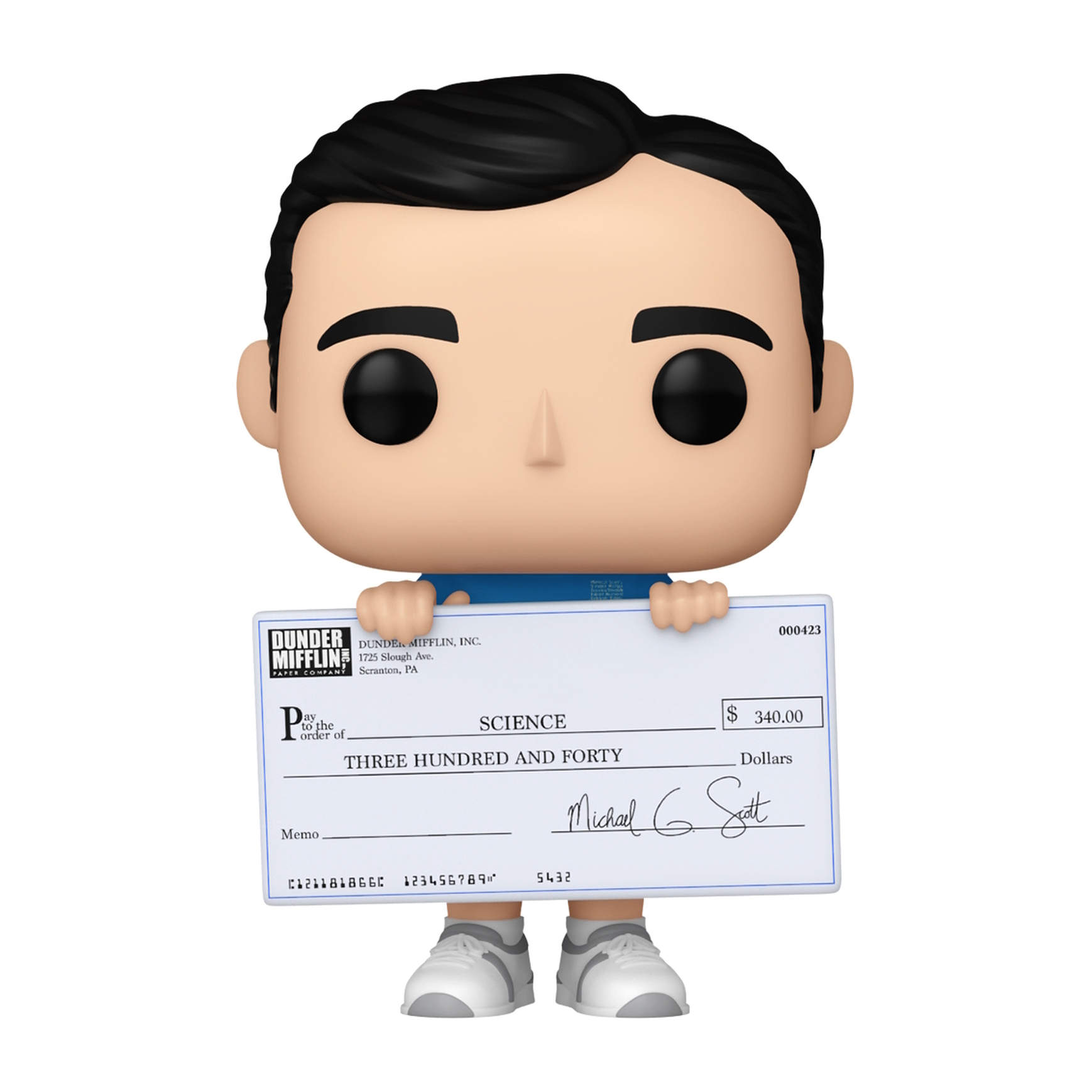 Figura Funko Pop di Michael Scott con un assegno da $340, logo Dunder Mifflin sull'assegno.