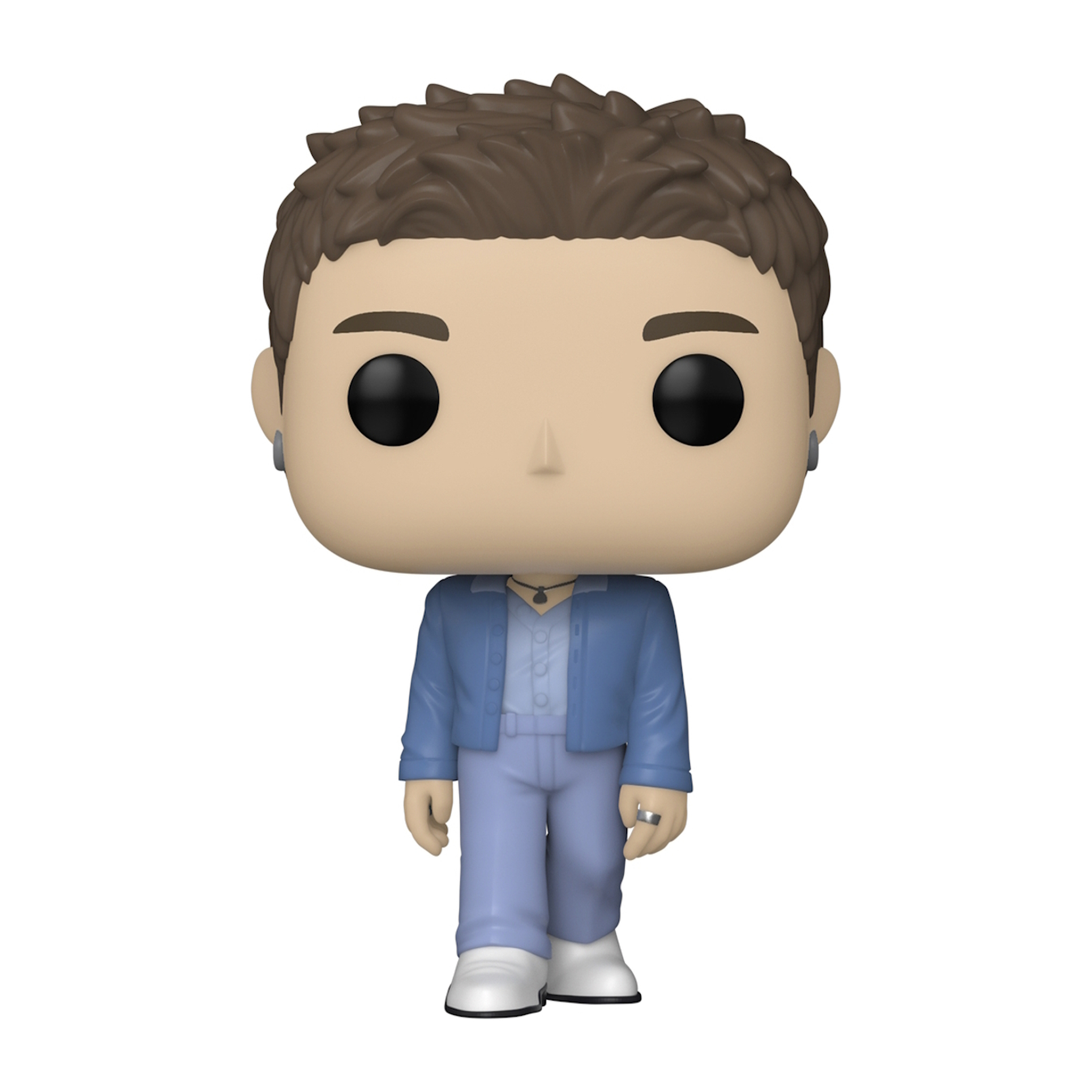 Funko Pop Figur eines Mannes in blauer Jacke und Hose. Braune Haare. Weißer Hintergrund.