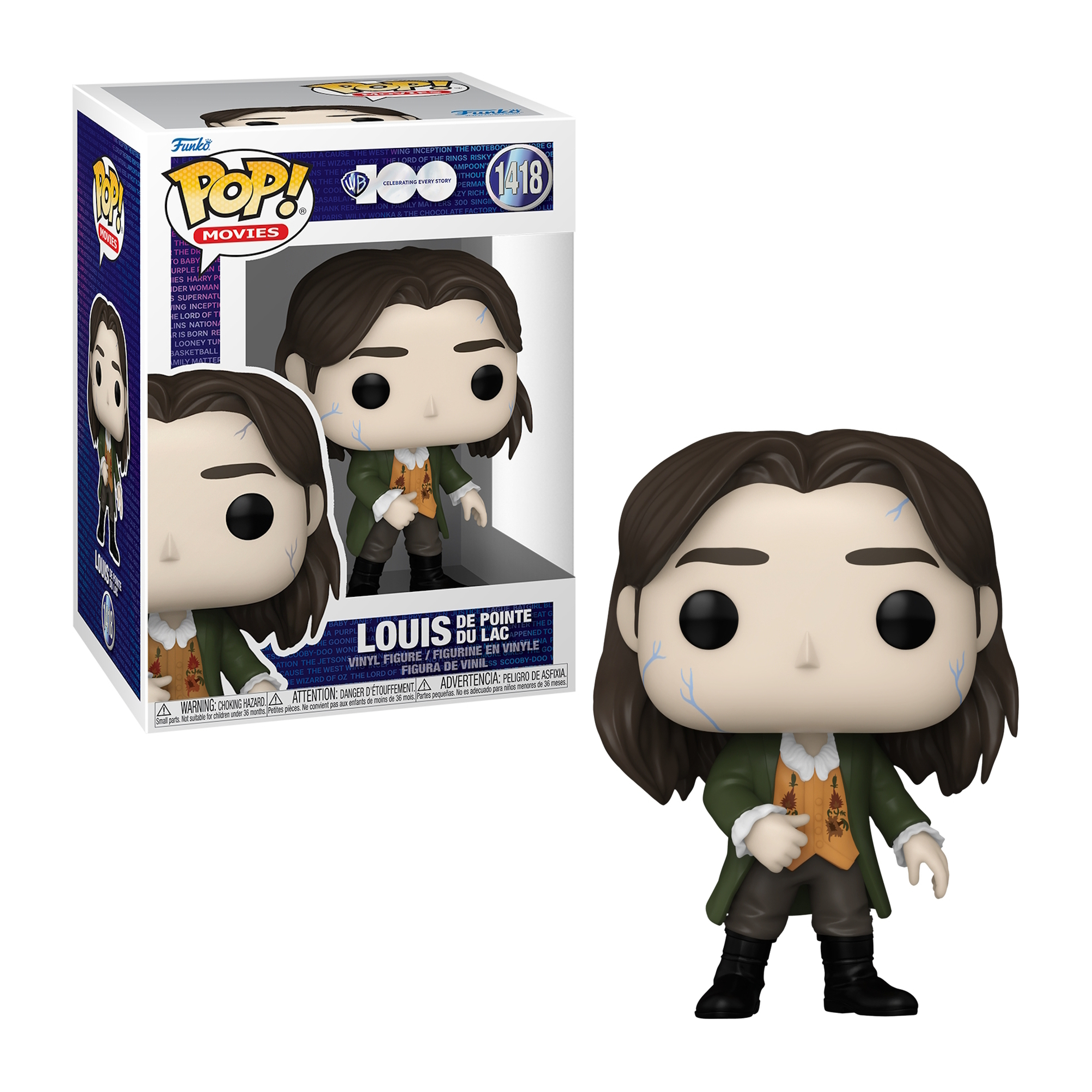 Louis de Pointe du Lac Funko Pop, con scatola. Indossa un cappotto verde, capelli castani, tiene un ventaglio.