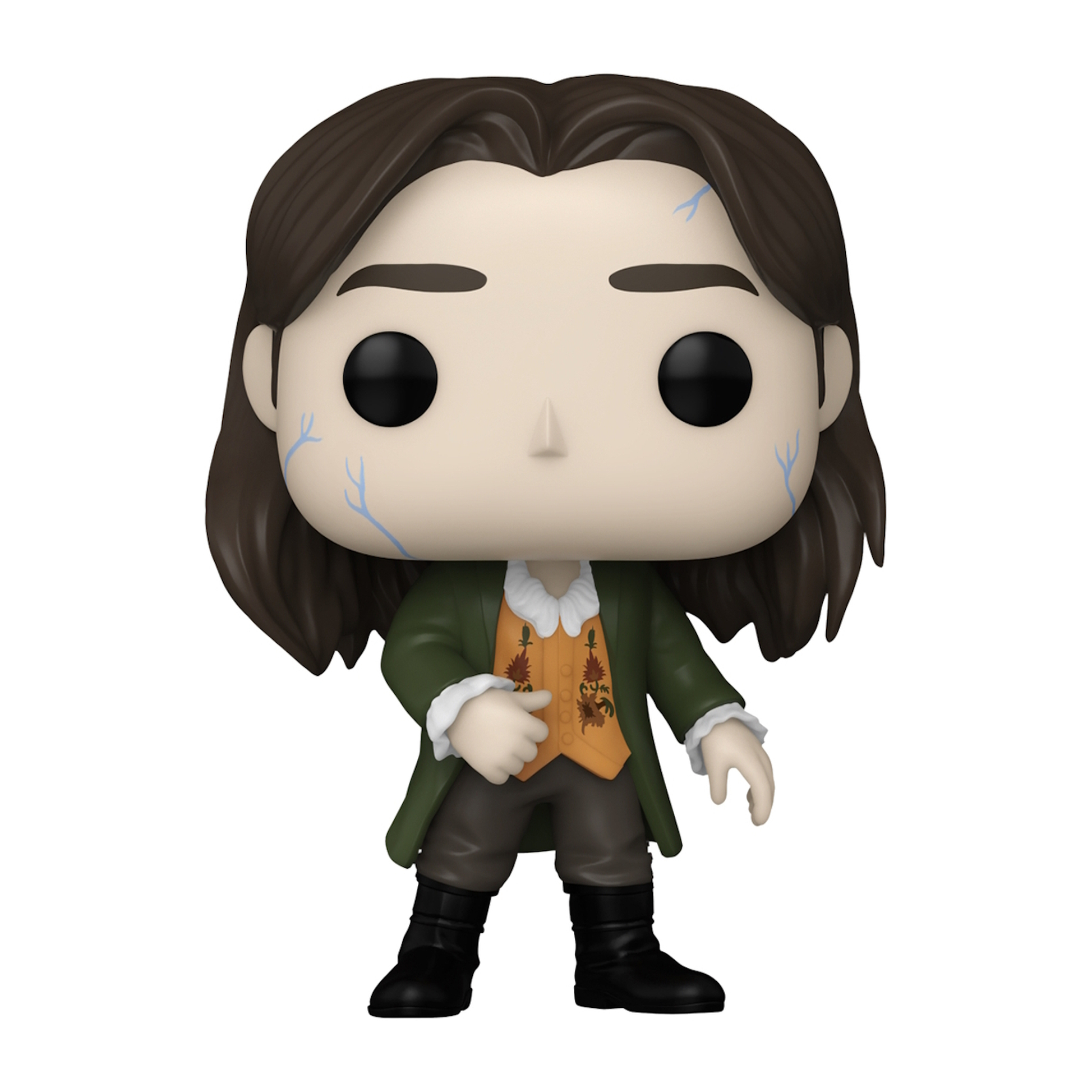Una figura Funko Pop di un uomo con un cappotto verde, una camicia bianca e stivali neri.