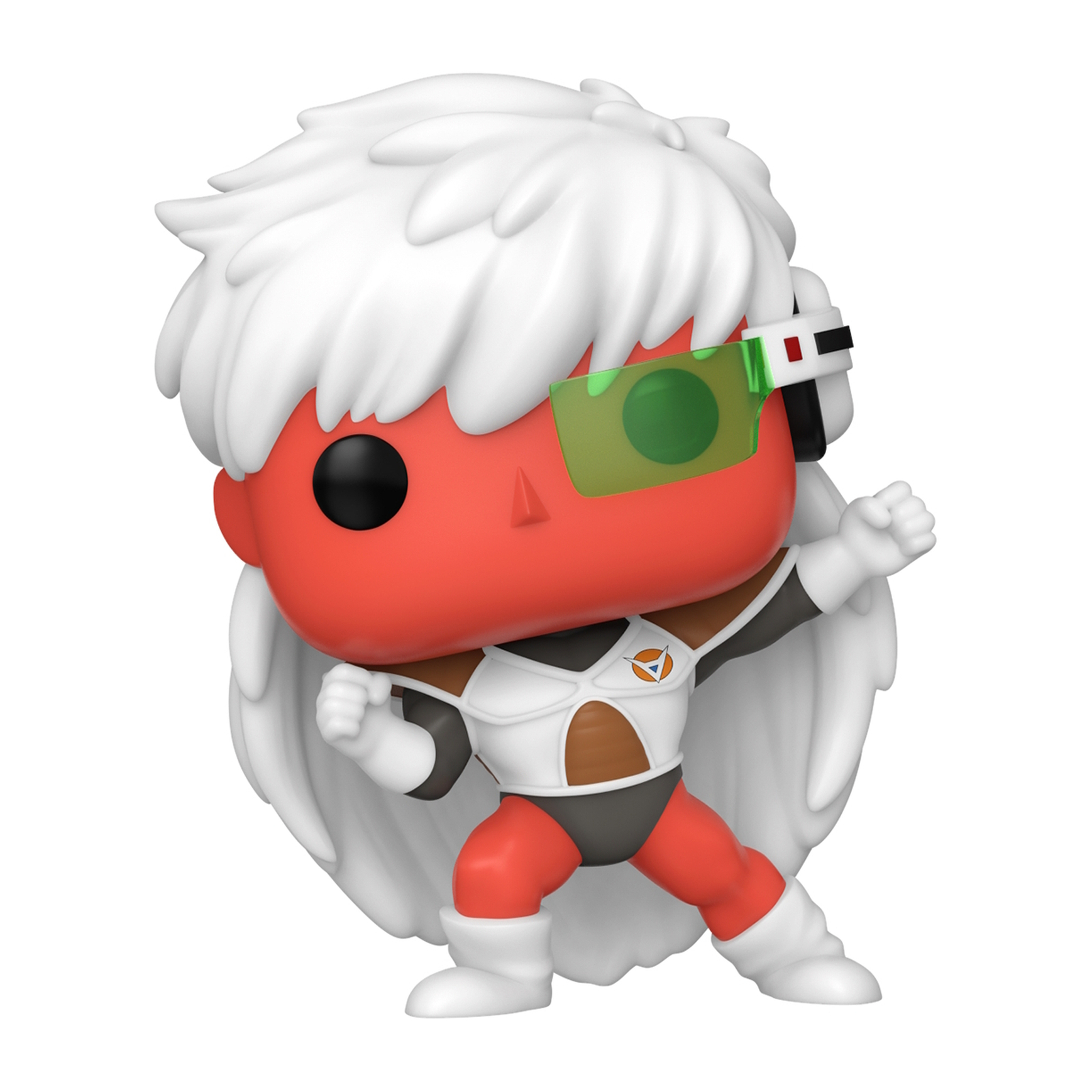Funko Pop di un personaggio dalla pelle rossa con capelli bianchi, armatura e occhiali. È in posa di combattimento.