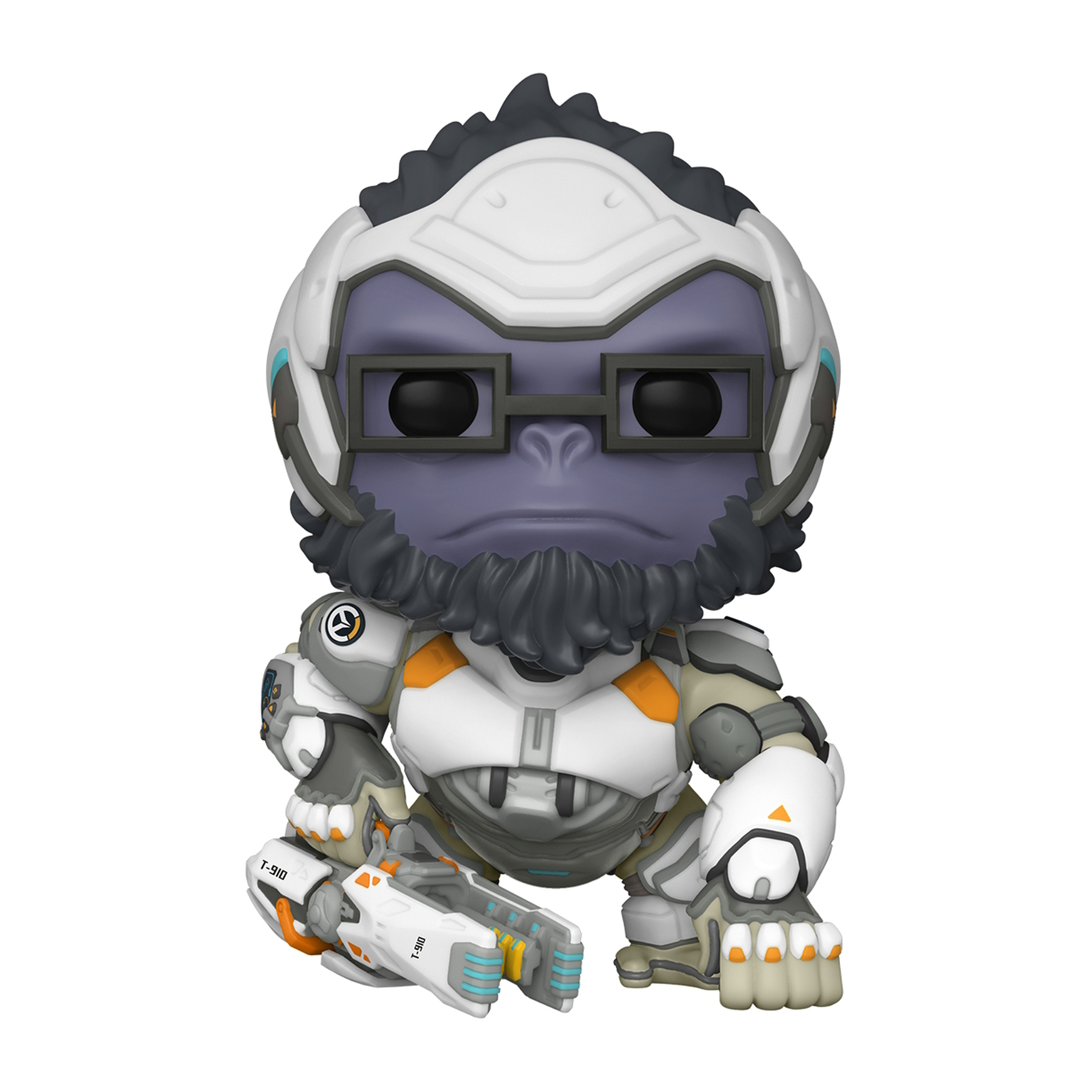 Funko Pop! di un gorilla in tuta bianca e arancione, con occhiali e pistola.