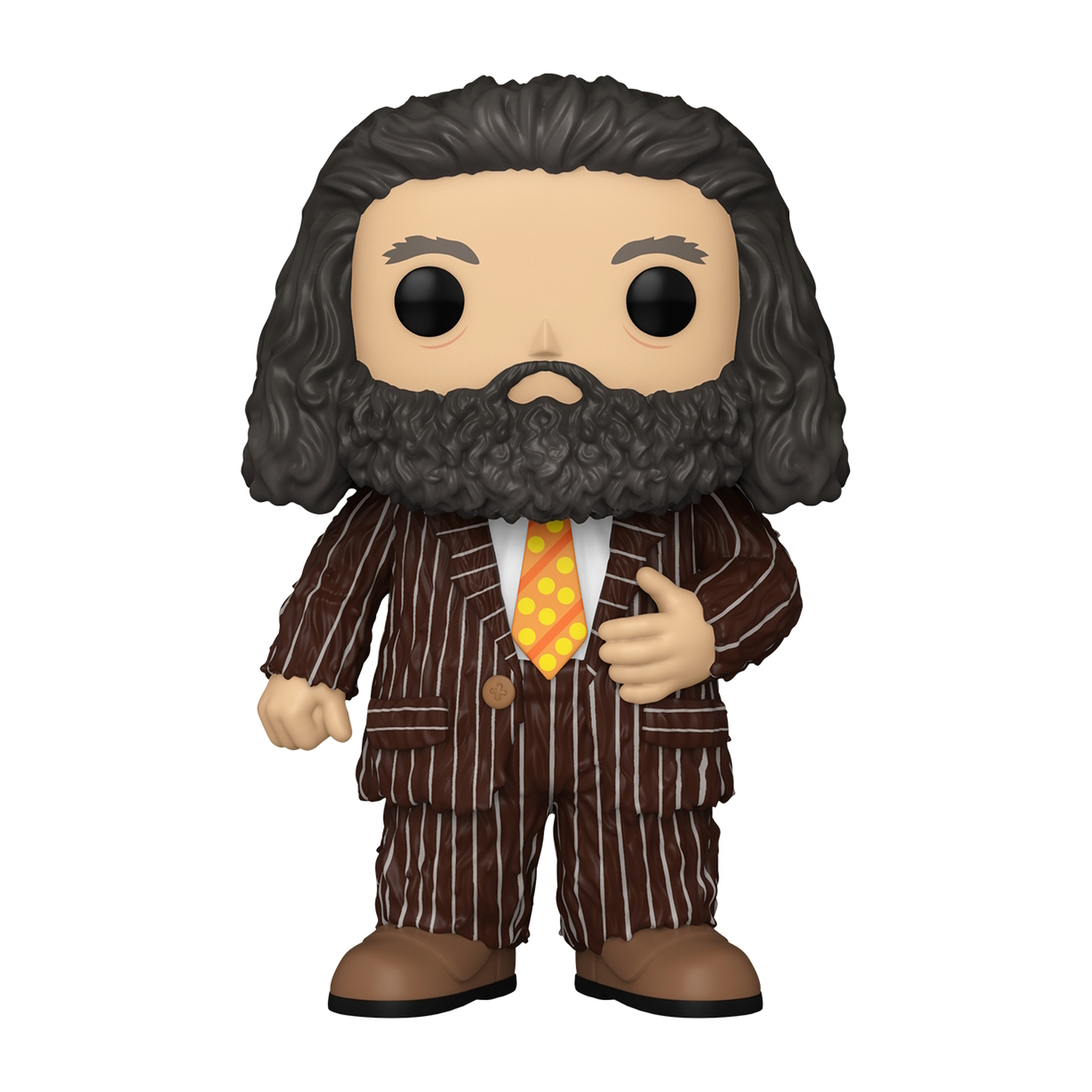 Una figura Funko Pop di Hagrid con un abito a righe marrone e una cravatta gialla.