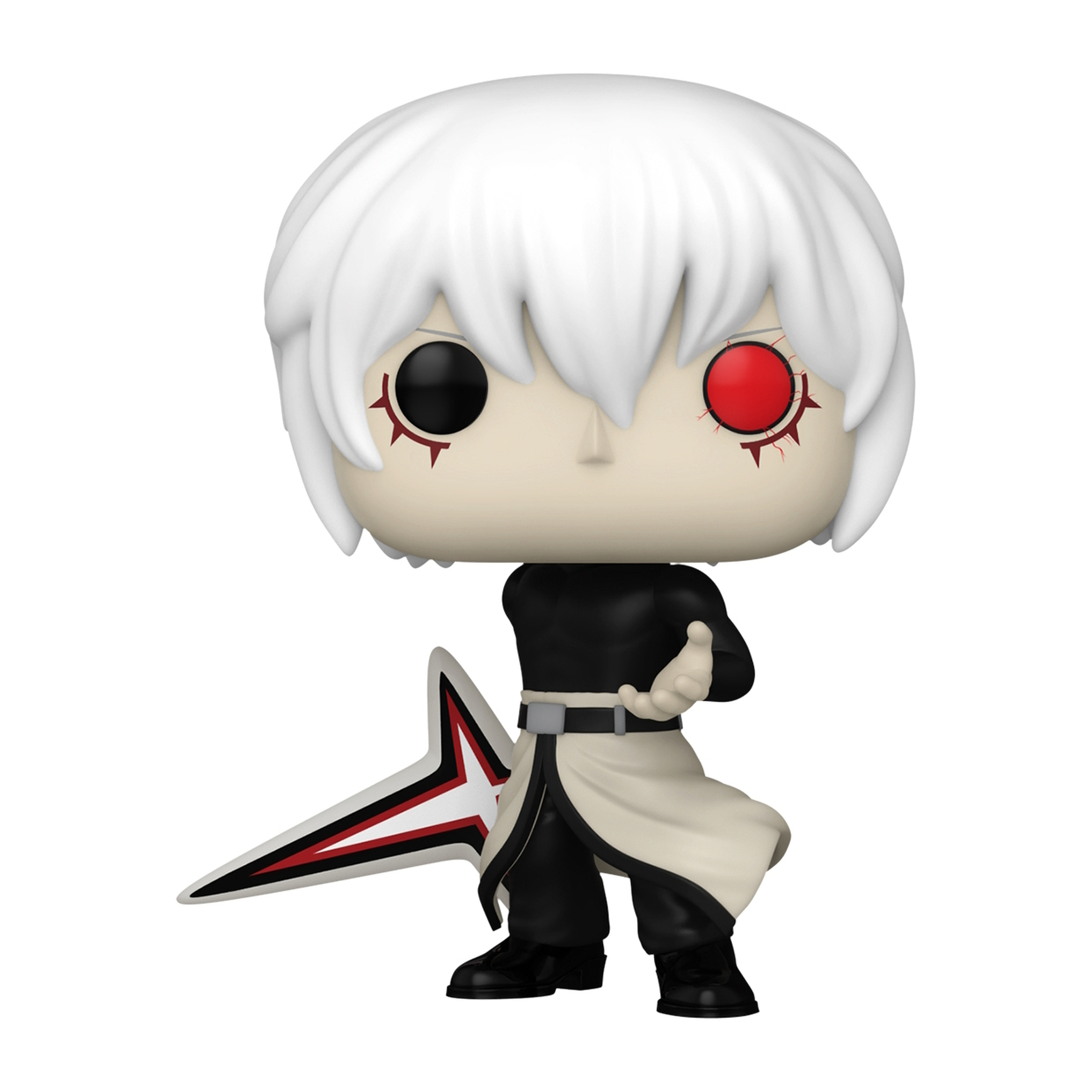 Eine Funko Pop-Figur mit weißen Haaren und roten und schwarzen Augen, hält eine sternförmige Waffe.