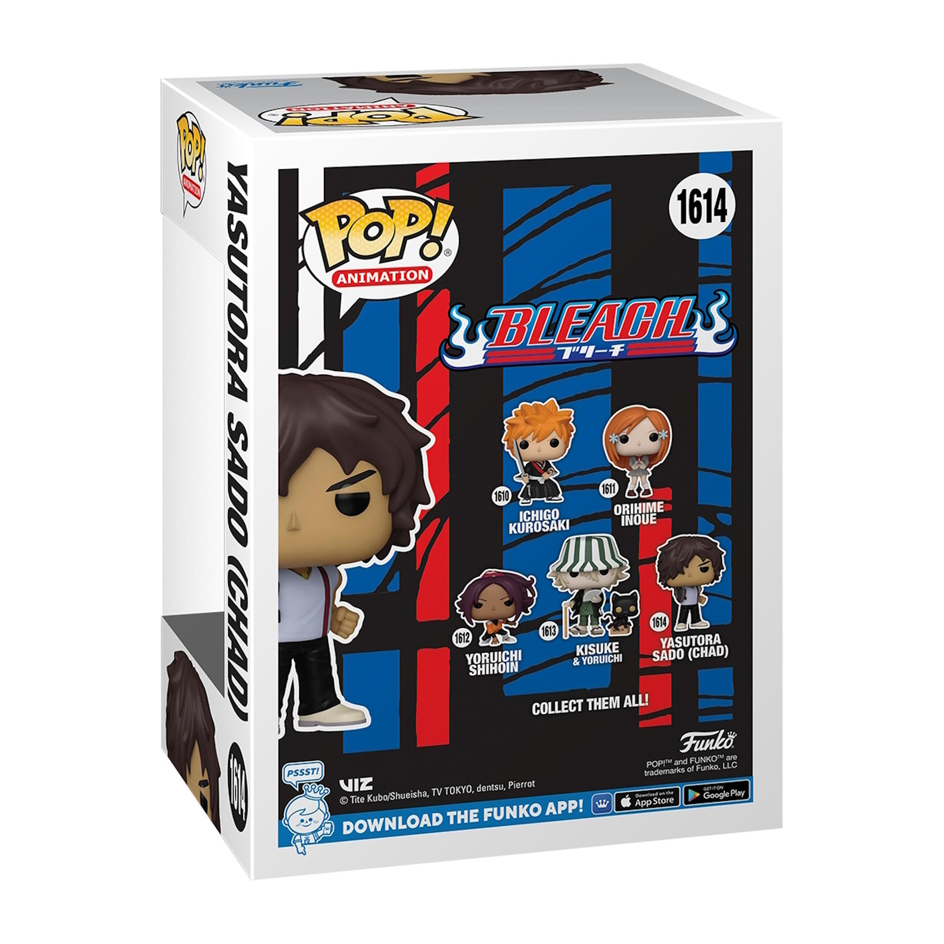 Pudełko Funko Pop z figurką Yasutory Sado (Chad) z anime Bleach, z innymi postaciami.