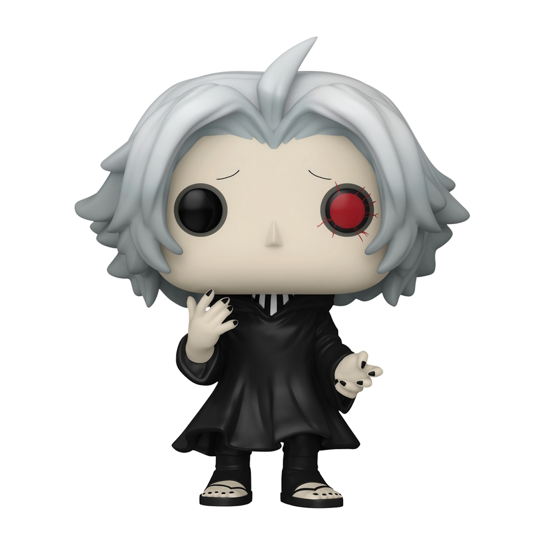 Figura Funko Pop de un personaje con cabello blanco, atuendo negro y un ojo rojo.