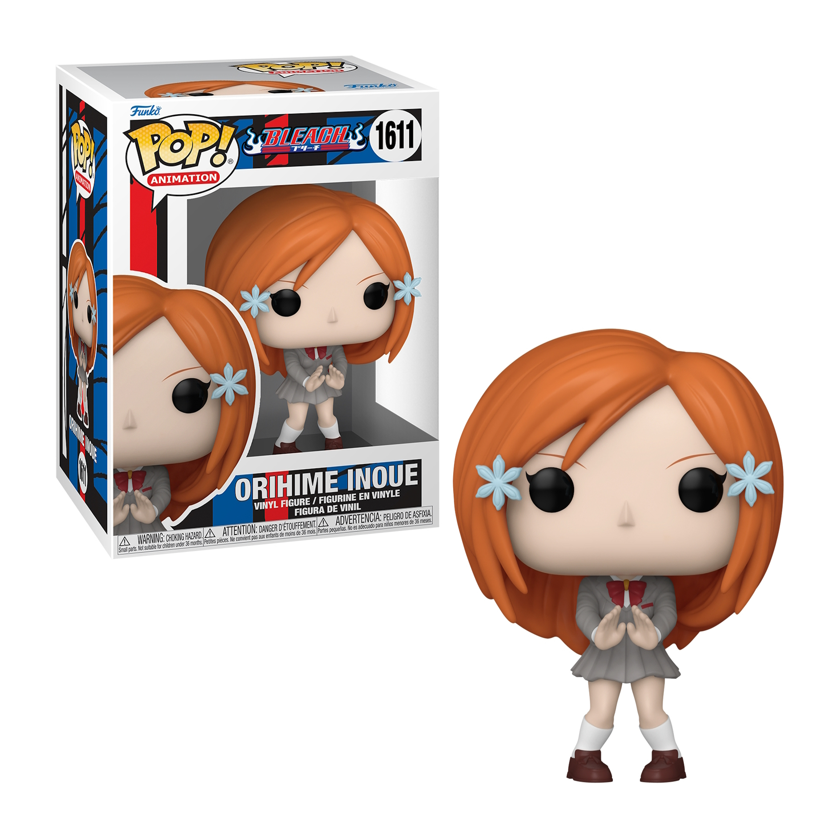 Funko Pop di Orihime Inoue, capelli arancioni, uniforme scolastica, fiori. In una scatola, sorridente.