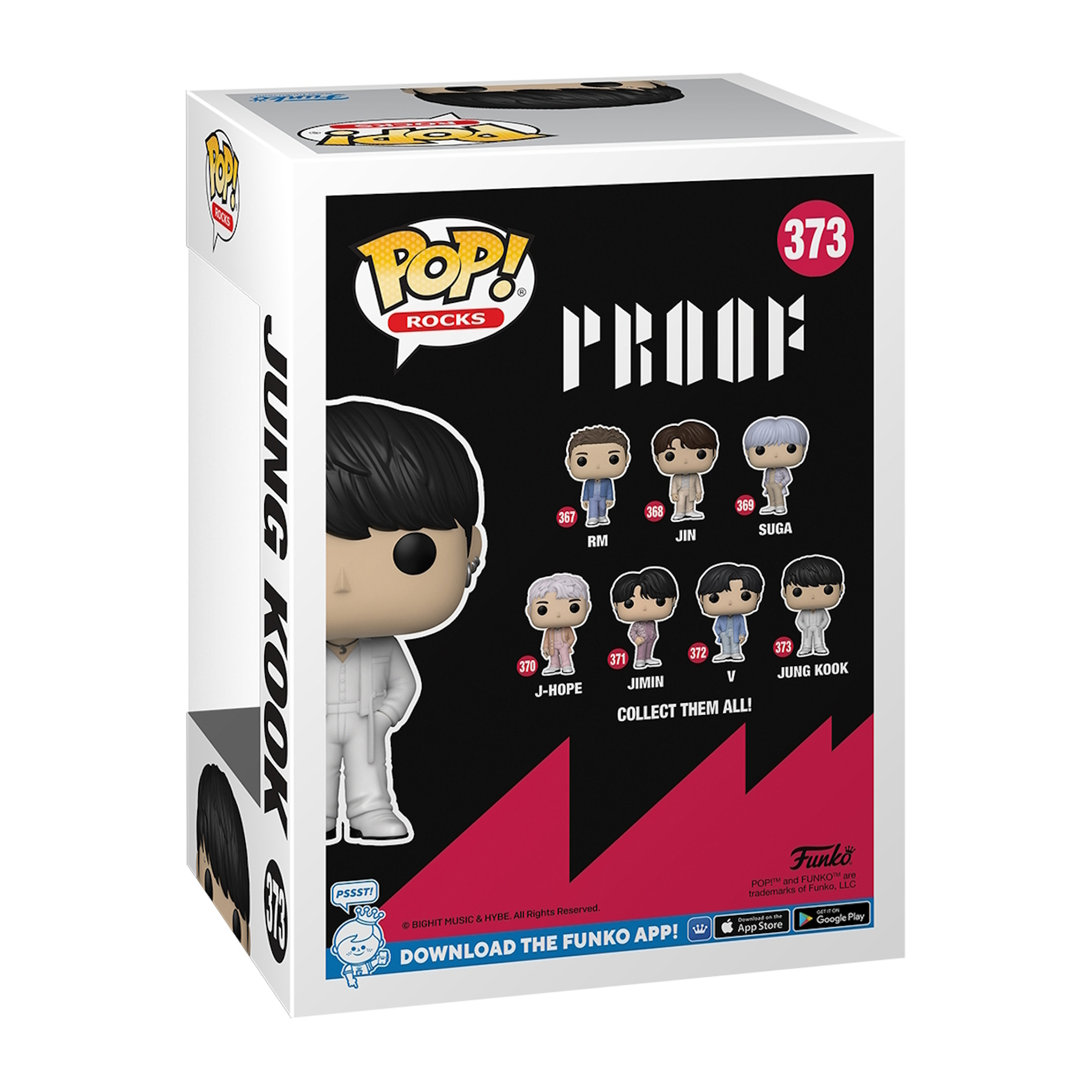 Parte trasera de una caja Funko Pop. Contiene figuras de BTS. Imágenes de todos los miembros.