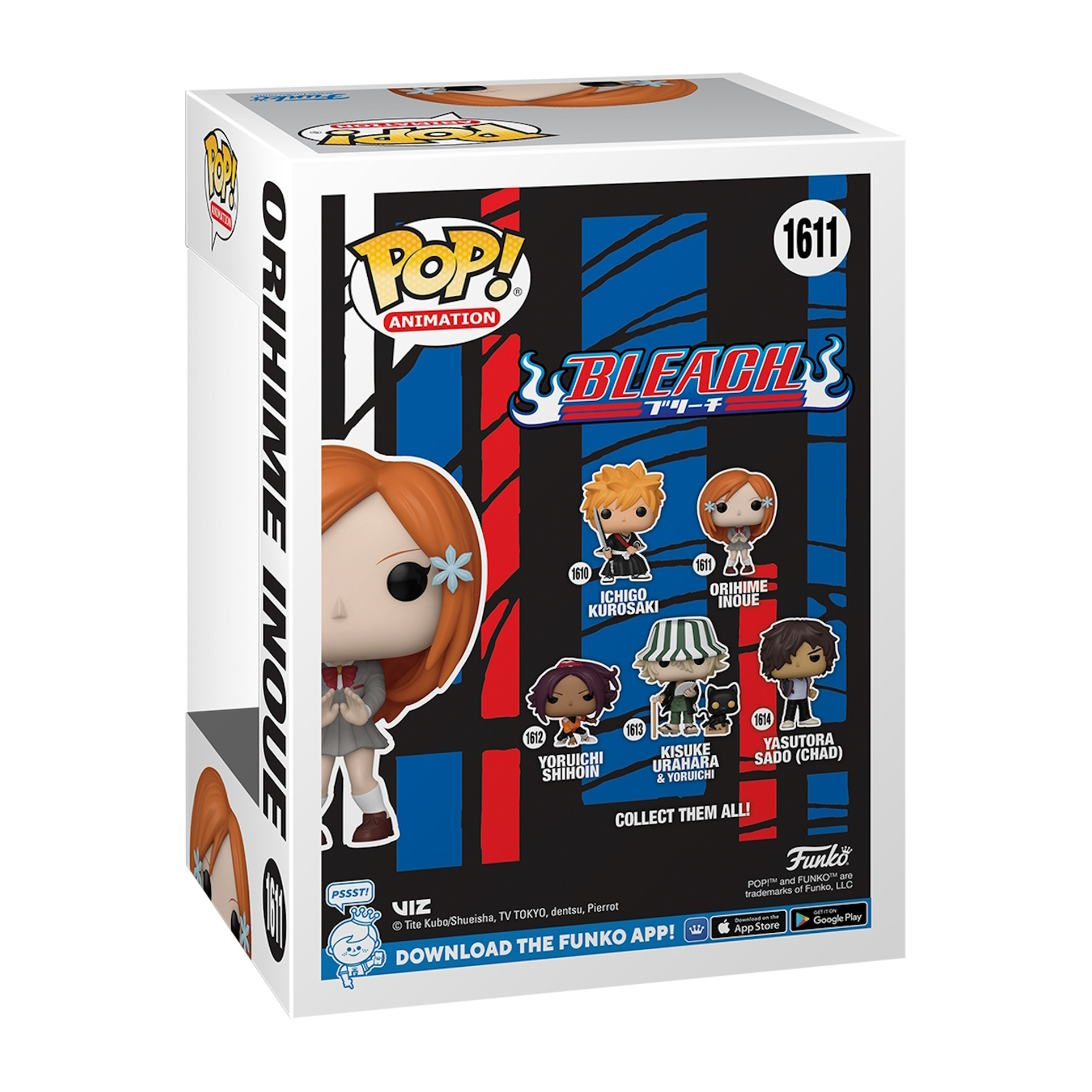 Una scatola di figure Pop! Animation, che mostra Orihime Inoue e altri personaggi di Bleach.