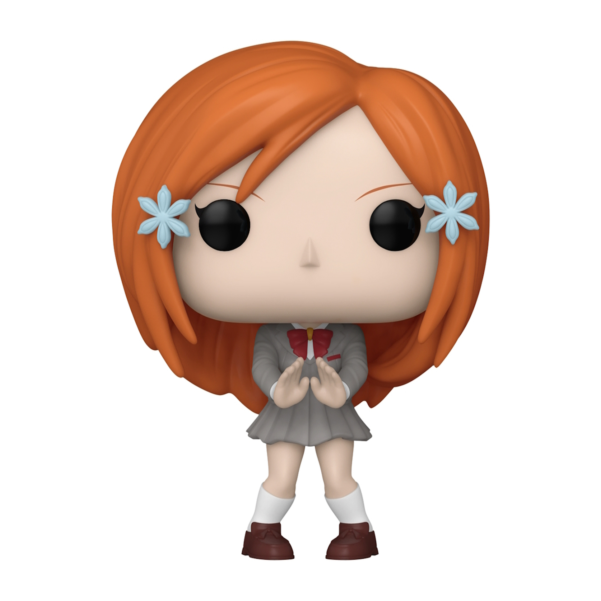 Una figura Funko Pop di una ragazza anime con capelli arancioni e due fermagli per capelli a fiore blu.