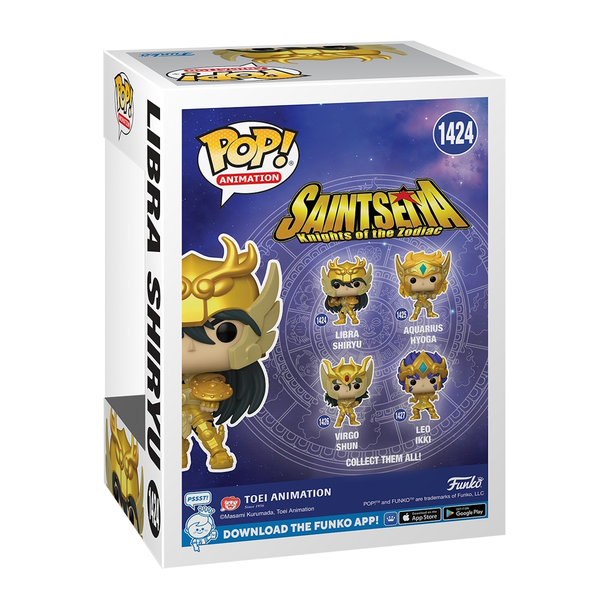 Scatola Funko Pop per Libra Shiryu da Saint Seiya. La scatola mostra Libra Shiryu e altri personaggi.